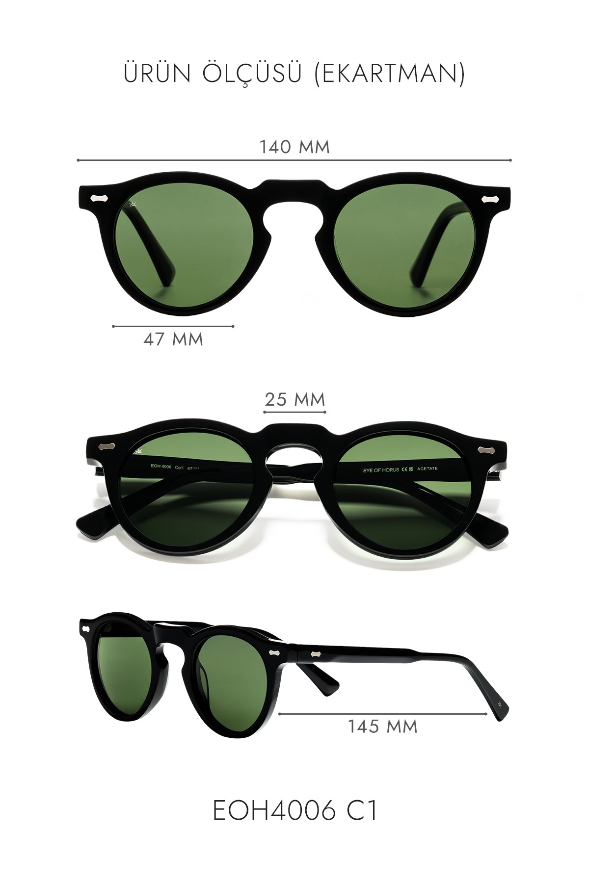 4006 | Yuvarlak Asetat Polarize Unisex Güneş Gözlüğü - Siyah