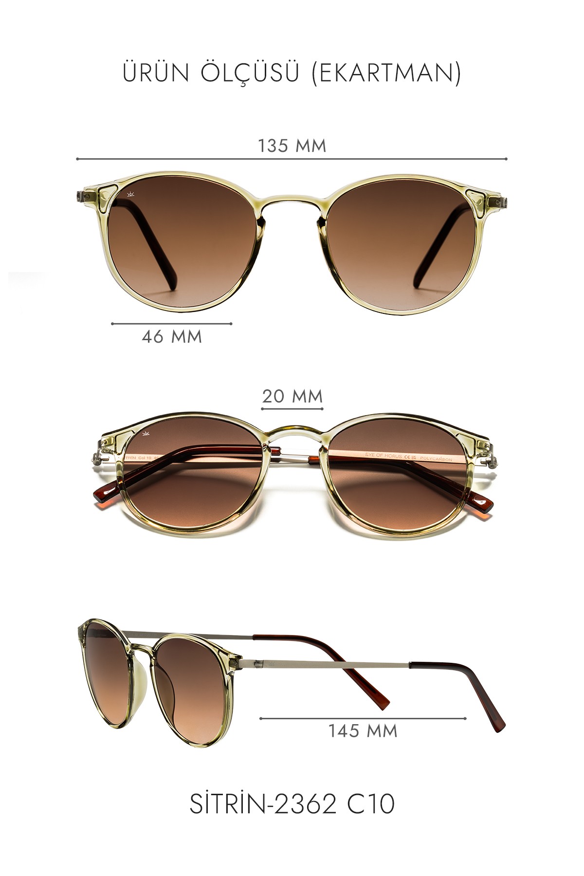 SİTRİN-2362 | Yuvarlak Kemik Asetat UV400 Unisex Güneş Gözlüğü - Haki