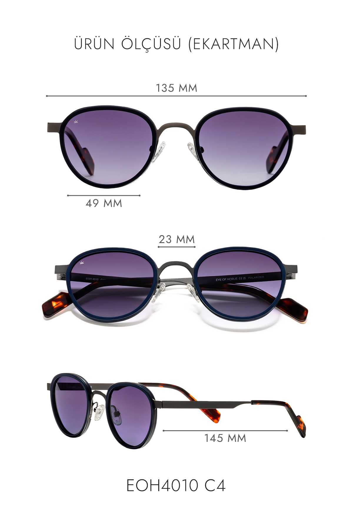 4010 | Yuvarlak Metal Polarize Unisex Güneş Gözlüğü - Lacivert/Gri