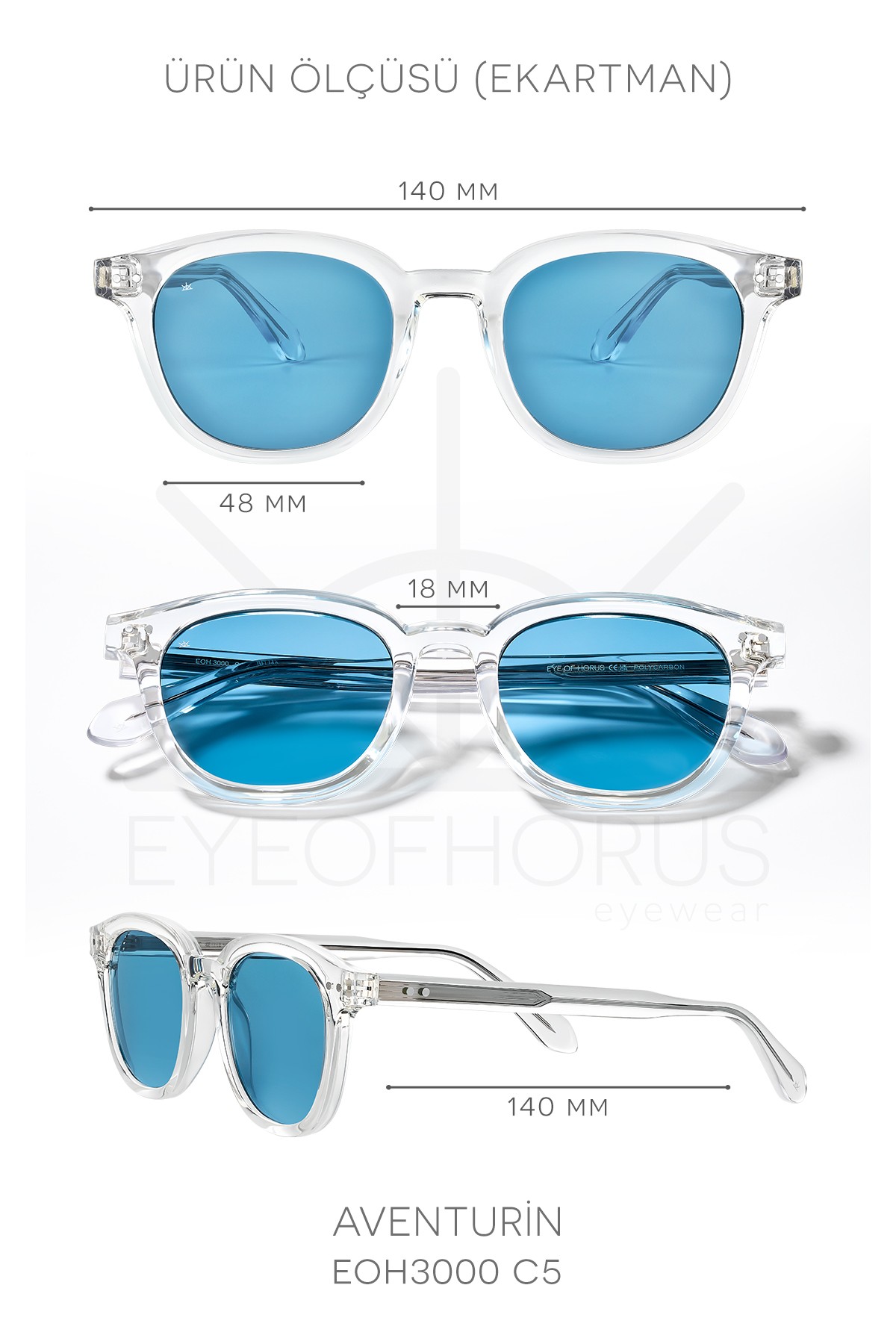 AVENTURİN-3000 | Kare Asetat UV400 Unisex Güneş Gözlüğü - Şeffaf