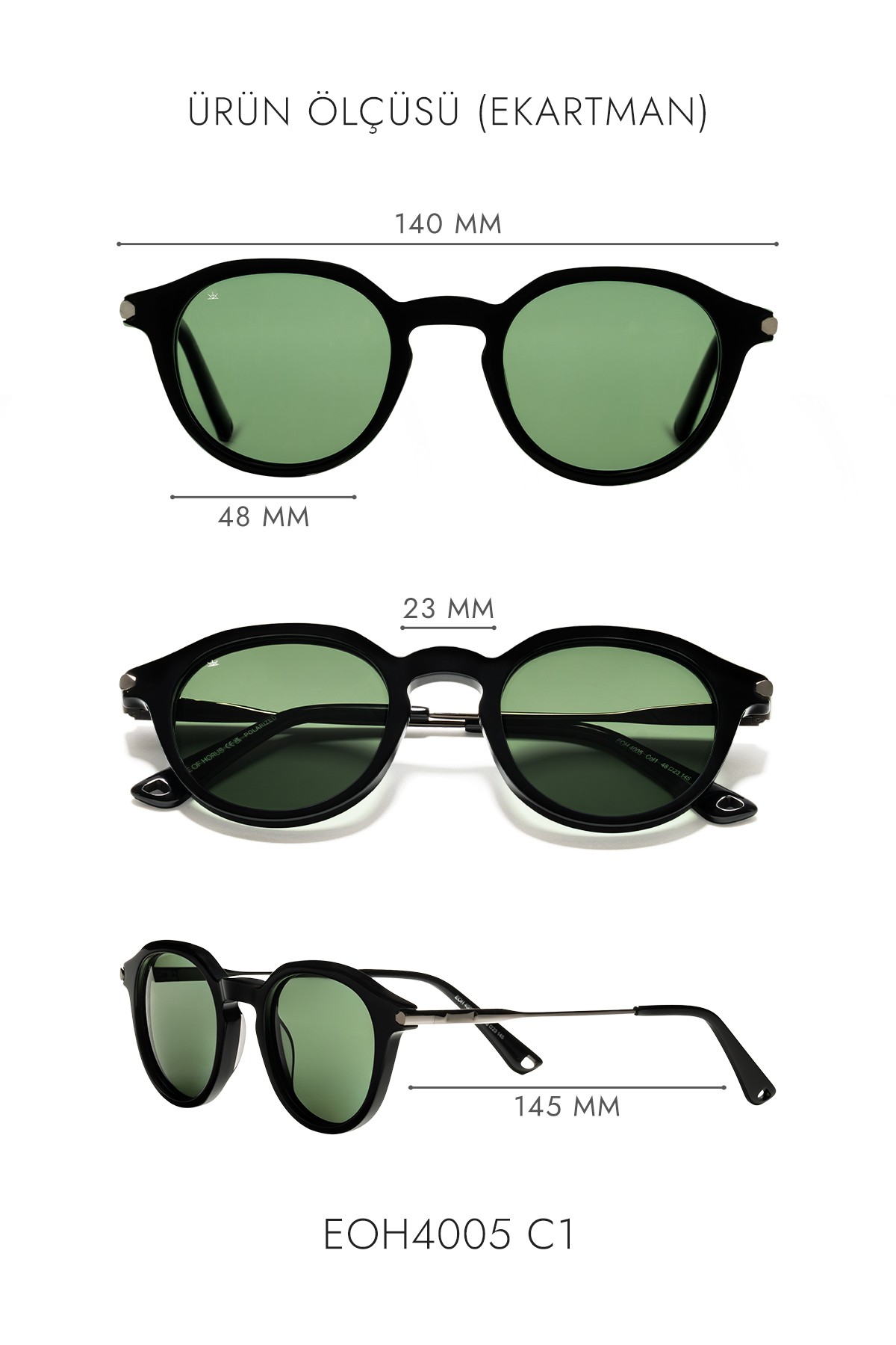 4005 | Yuvarlak Asetat Polarize Unisex Güneş Gözlüğü - Siyah
