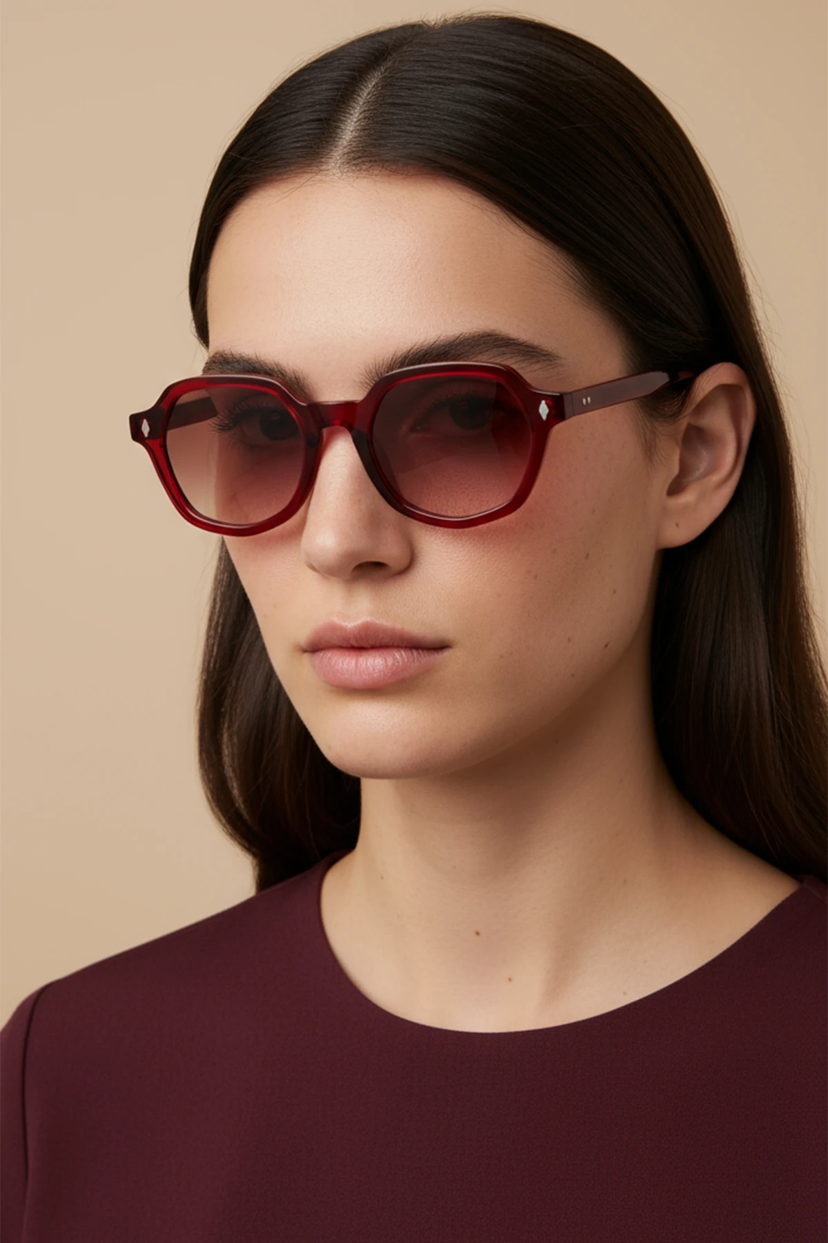 MİHENK-91033 | Altıgen Kemik Asetat UV400 Unisex Güneş Gözlüğü - Bordo