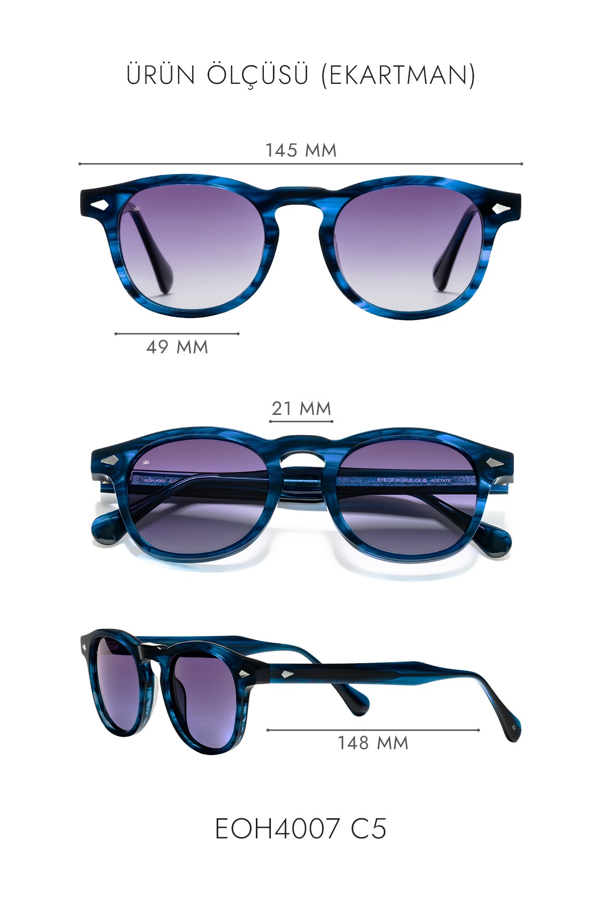 4007 | Oval Asetat Polarize Unisex Güneş Gözlüğü - Sedefli Lacivert