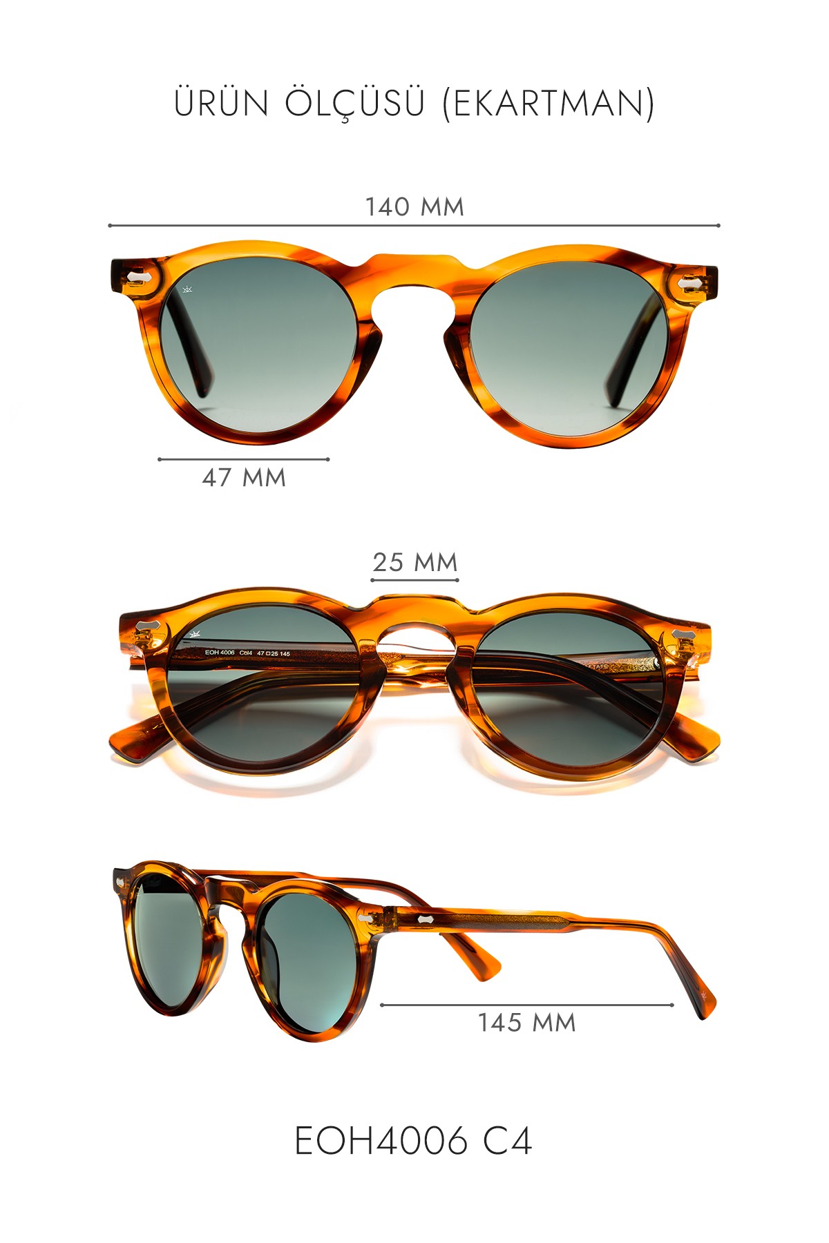 4006 | Yuvarlak Asetat Polarize Unisex Güneş Gözlüğü - Amber