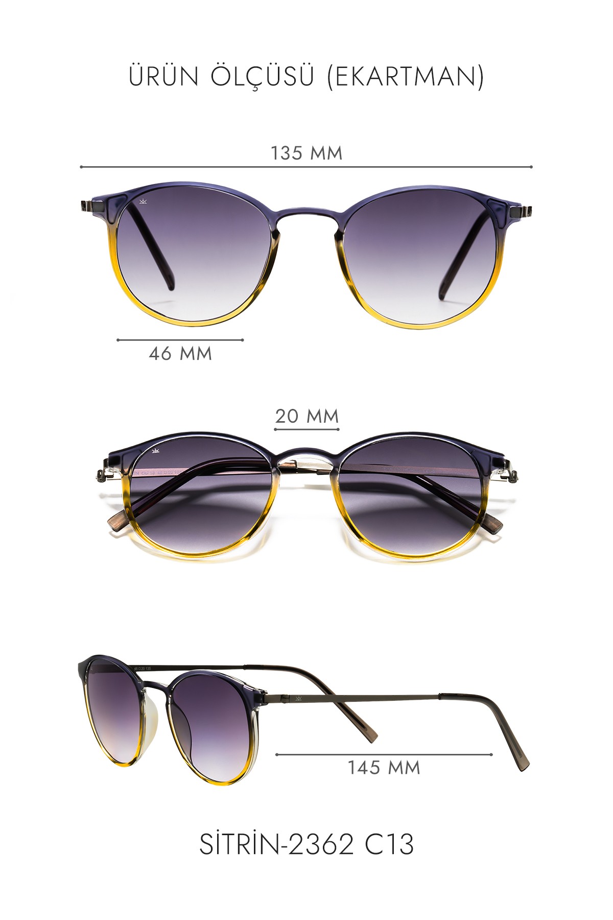 SİTRİN-2362 | Yuvarlak Kemik Asetat UV400 Unisex Güneş Gözlüğü - Gri/Sarı