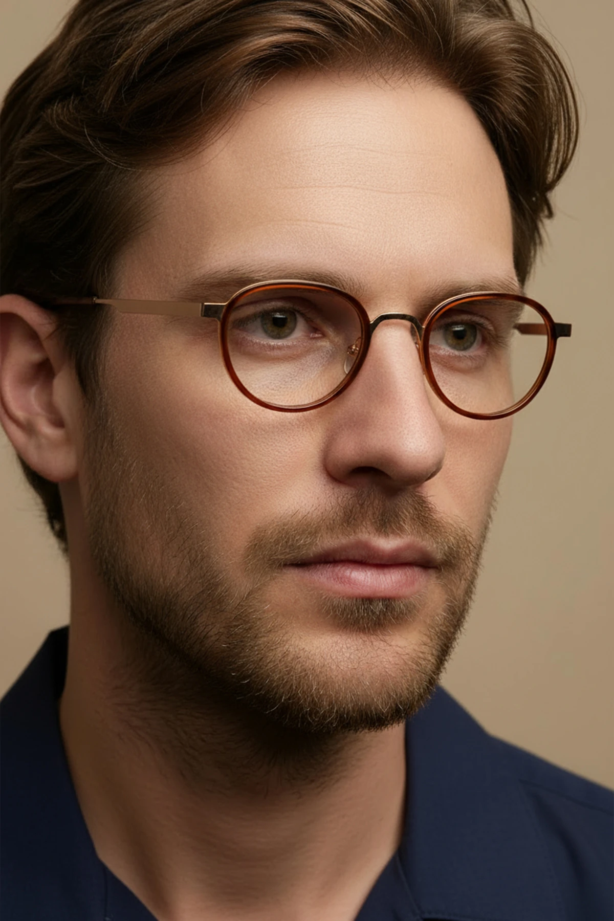 4010-M | Yuvarlak Metal Mavi Işık Koruyucu Gözlüğü - Kahverengi/Sarı