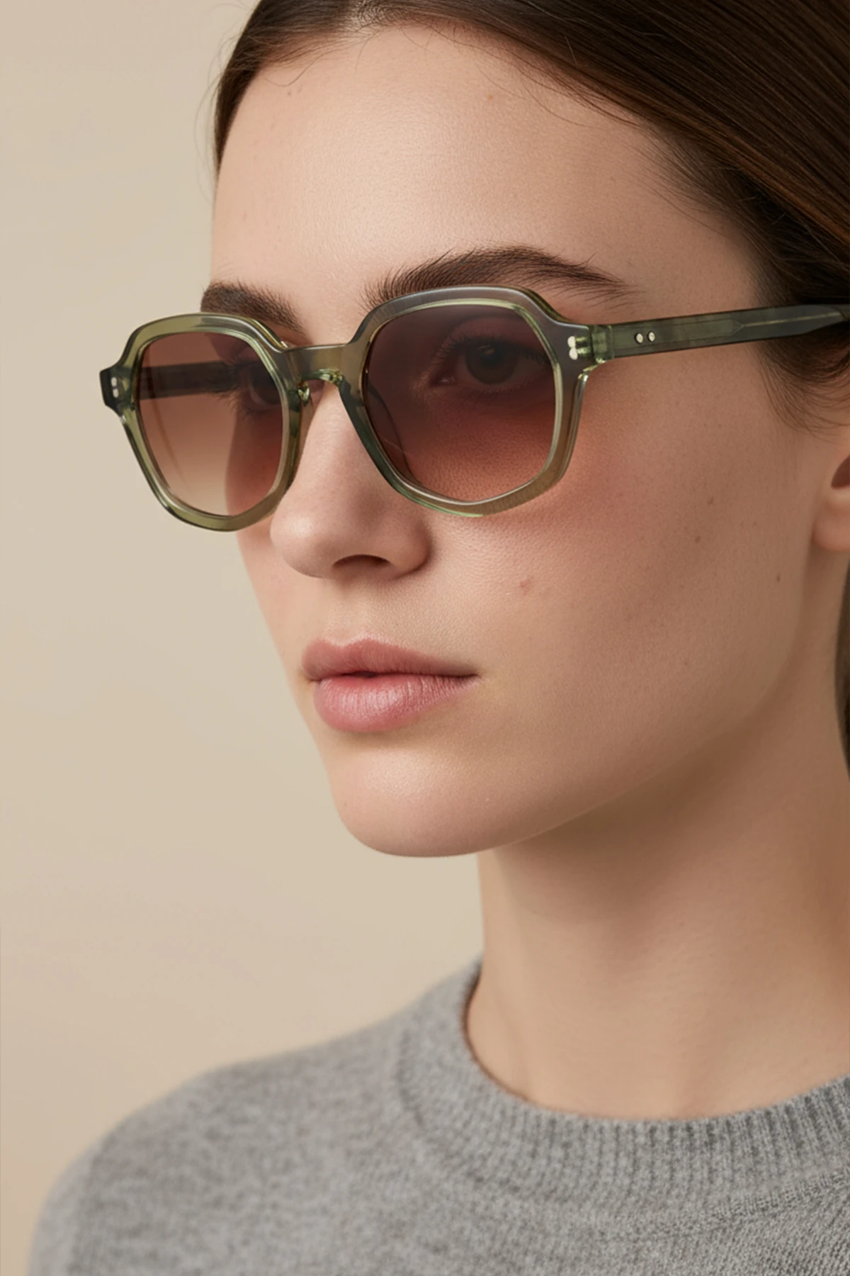 MİHENK-91033 | Altıgen Kemik Asetat UV400 Unisex Güneş Gözlüğü - Haki