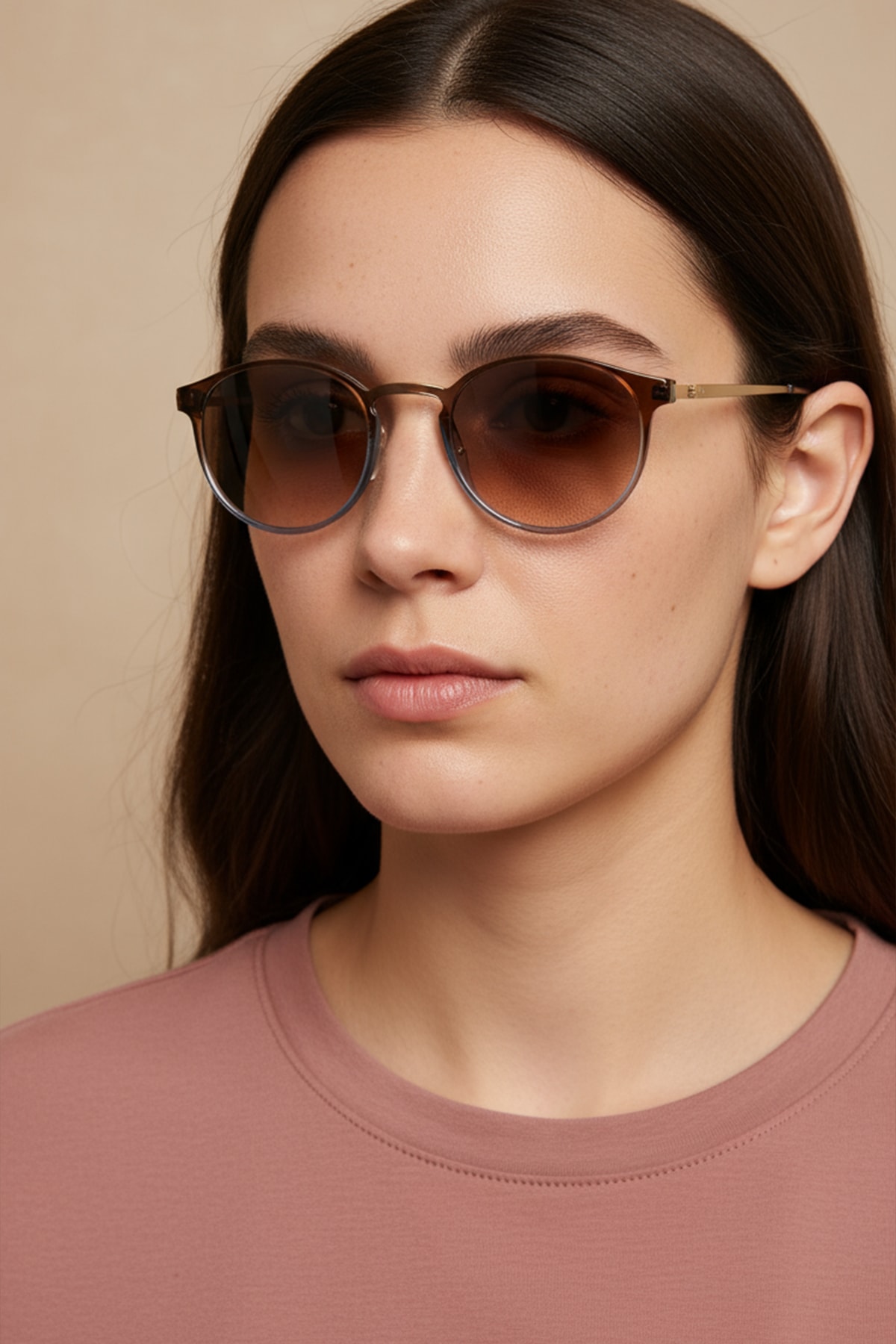 SİTRİN-2362 | Yuvarlak Kemik Asetat UV400 Unisex Güneş Gözlüğü - Kahverengi/Mavi