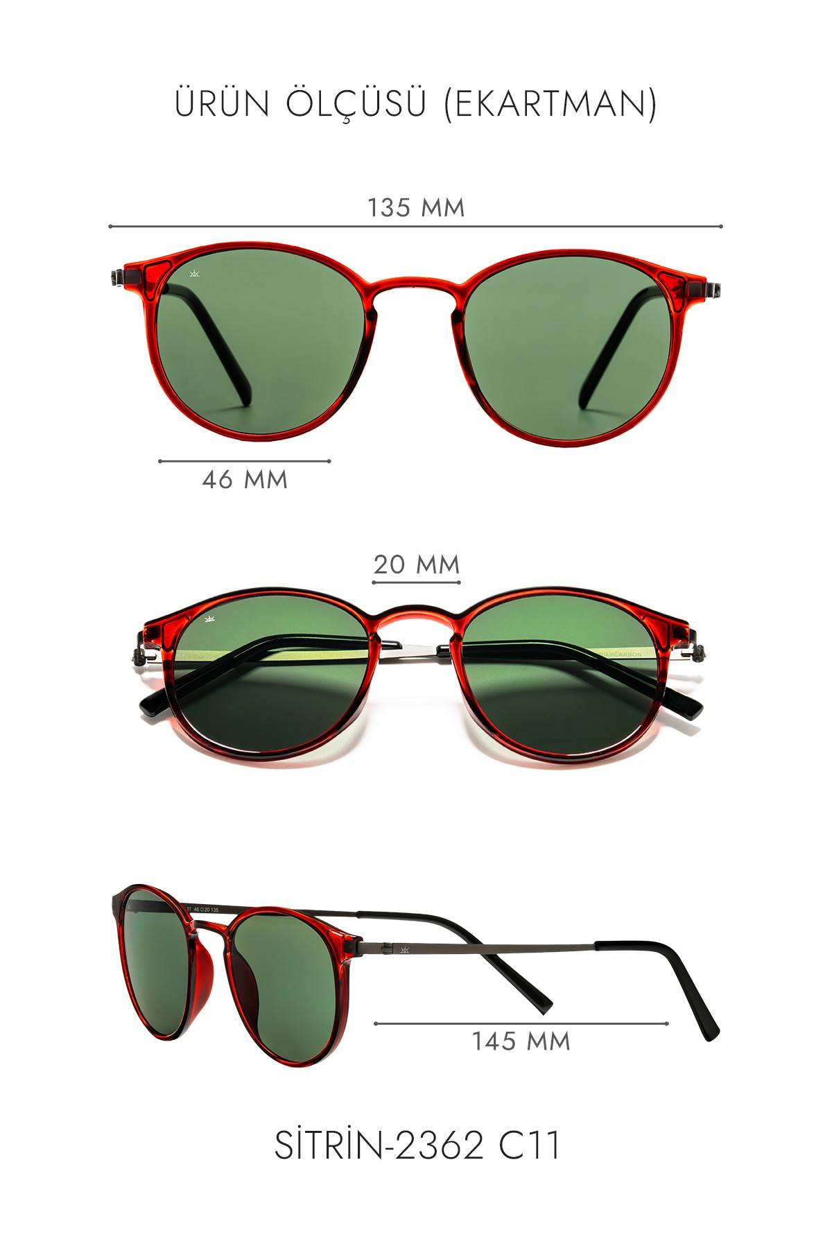 SİTRİN-2362 | Yuvarlak Kemik Asetat UV400 Unisex Güneş Gözlüğü - Bordo