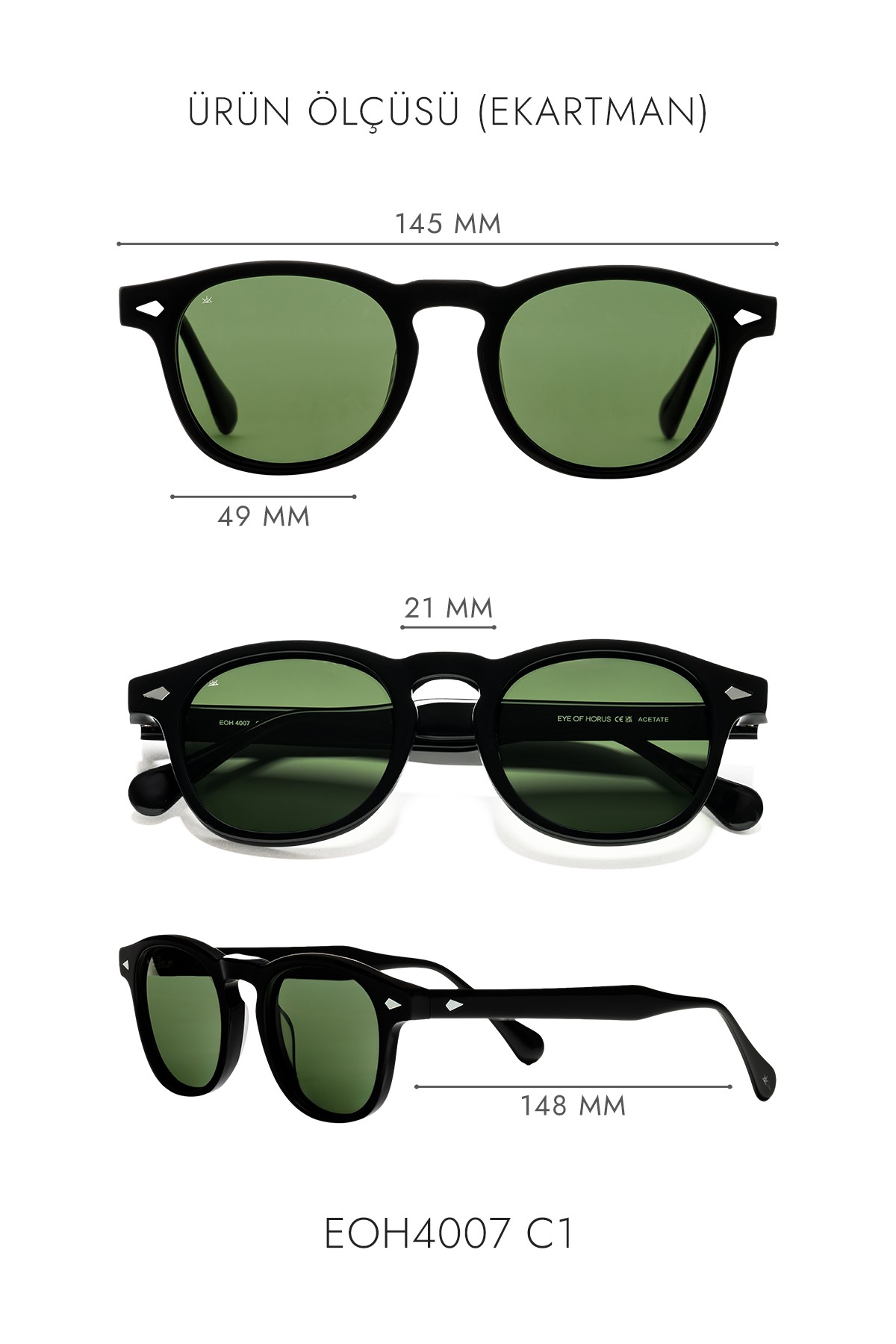 4007 | Oval Asetat Polarize Unisex Güneş Gözlüğü - Siyah