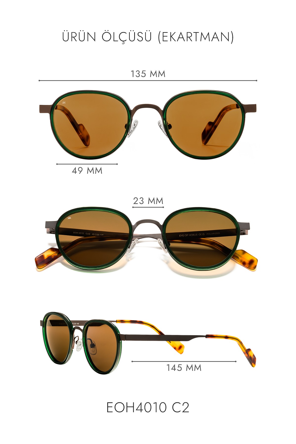 4010 | Yuvarlak Metal Polarize Unisex Güneş Gözlüğü - Yeşil/Kahverengi