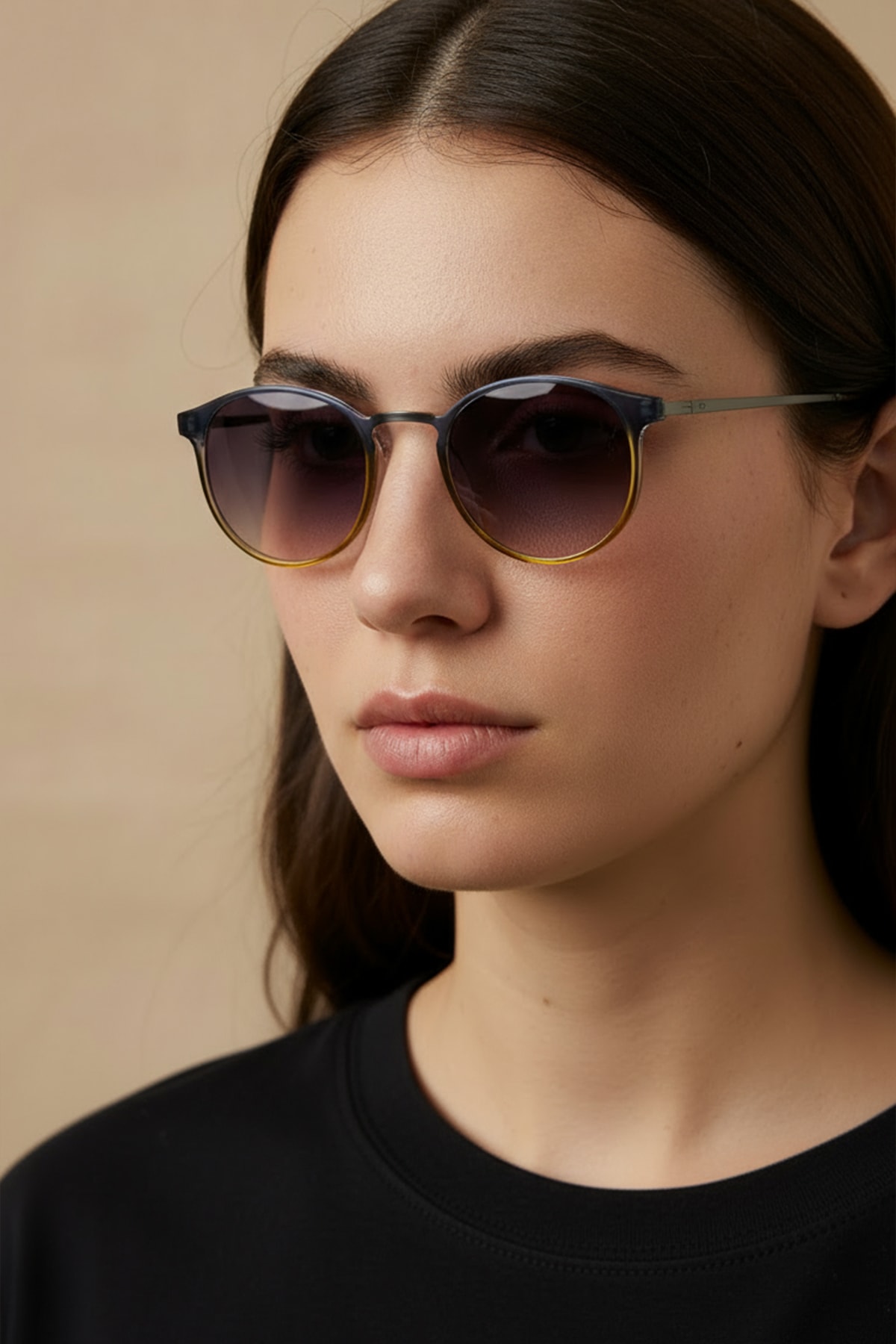 SİTRİN-2362 | Yuvarlak Kemik Asetat UV400 Unisex Güneş Gözlüğü - Gri/Sarı