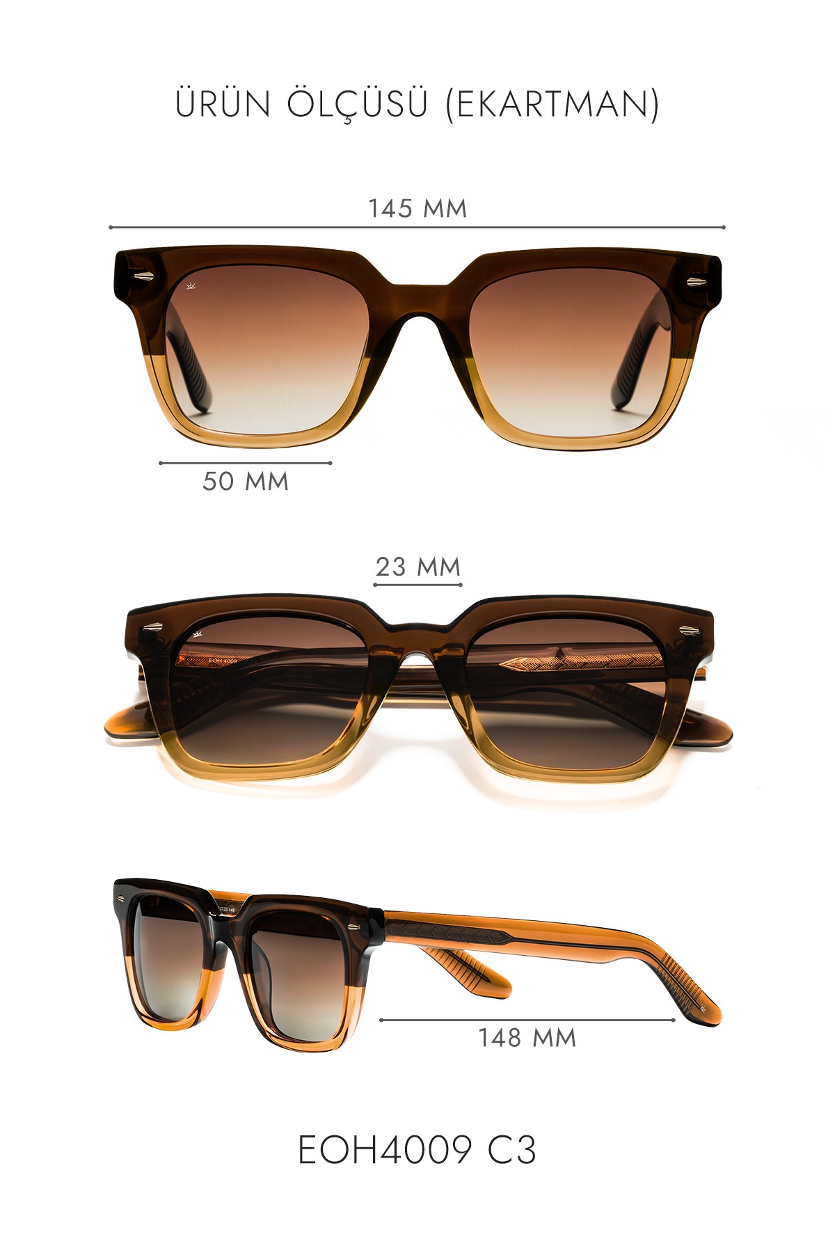 4009 | Kare Asetat Polarize Unisex Güneş Gözlüğü - Kahverengi