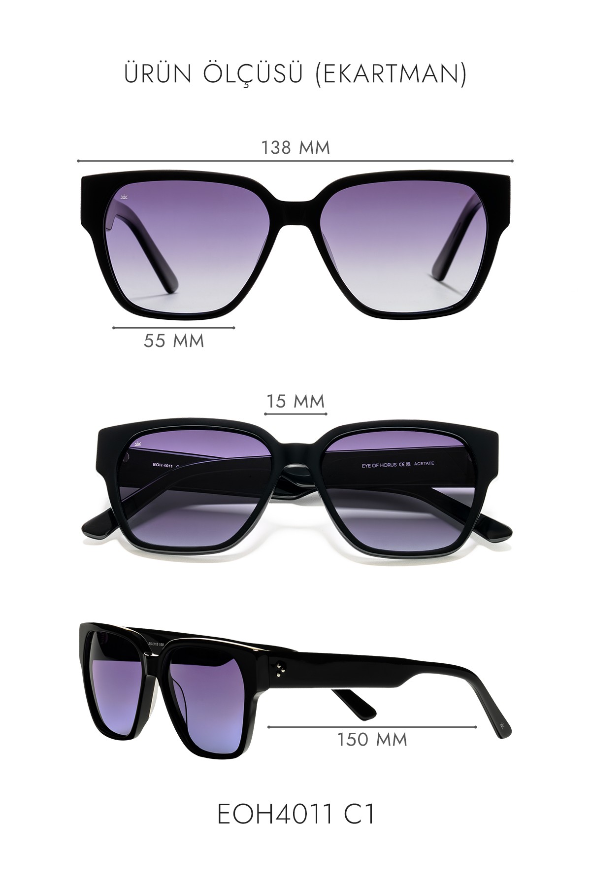 4011 | Kare Asetat Polarize Unisex Güneş Gözlüğü - Siyah