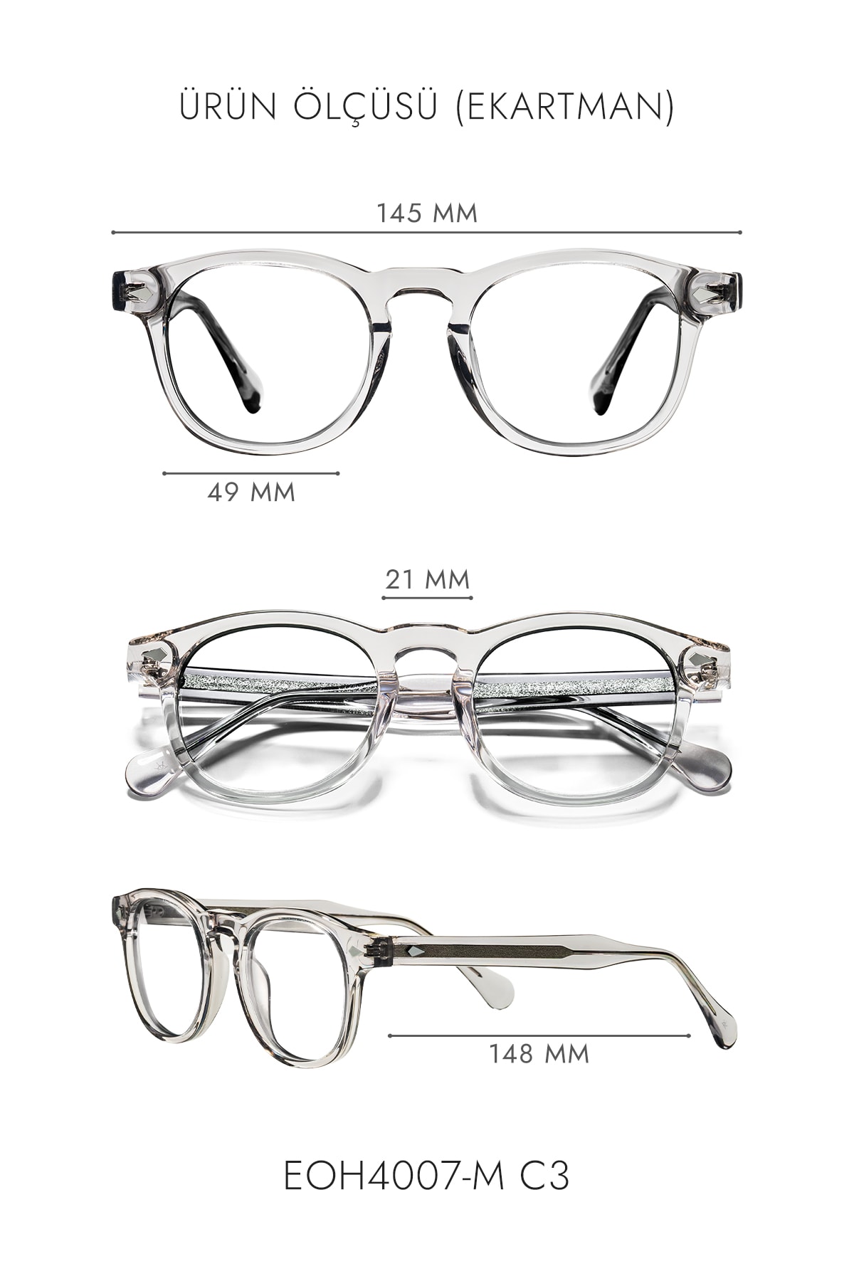 4007-M | Oval Asetat Mavi Işık Koruyucu Gözlüğü - Açık Gri