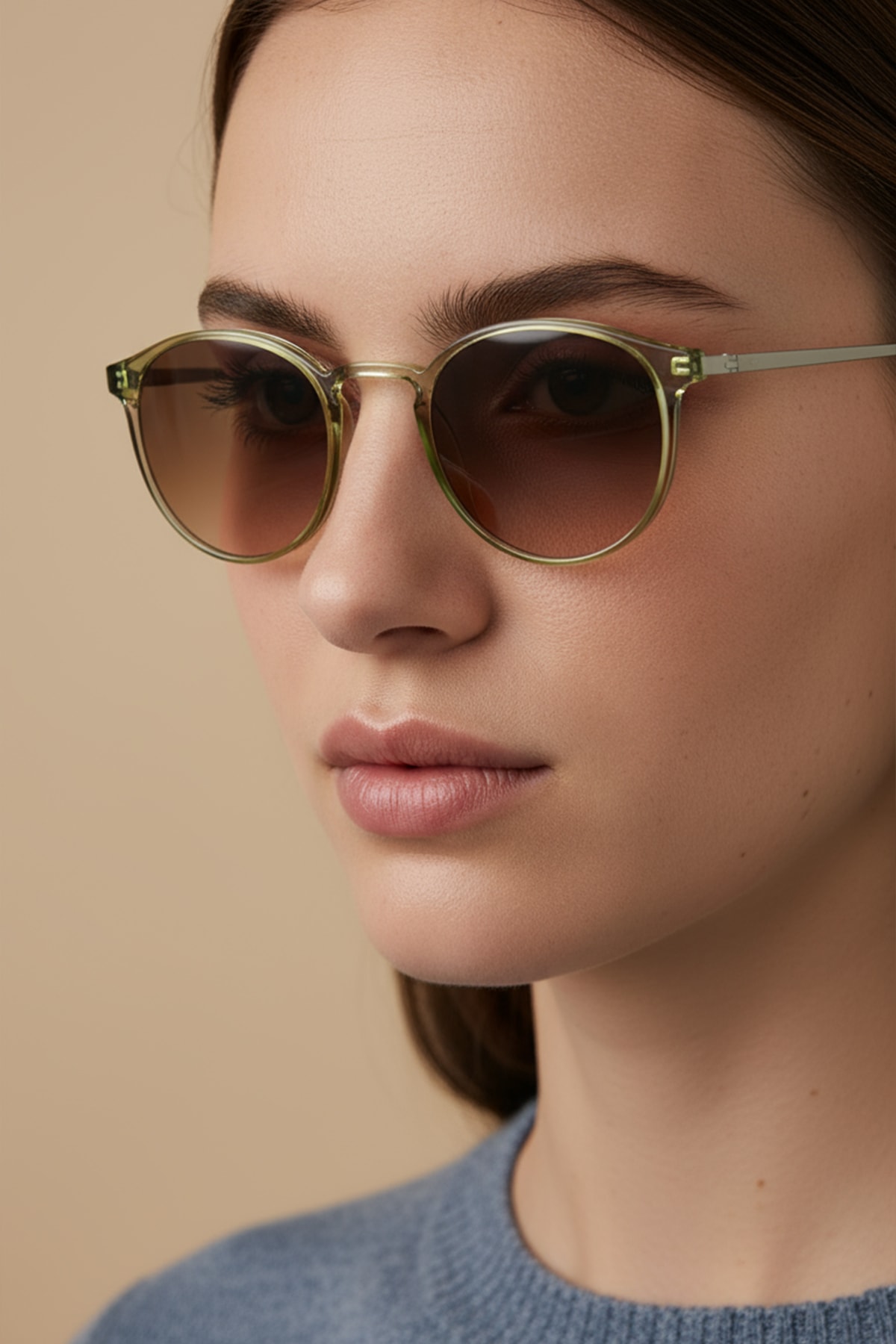 SİTRİN-2362 | Yuvarlak Kemik Asetat UV400 Unisex Güneş Gözlüğü - Haki