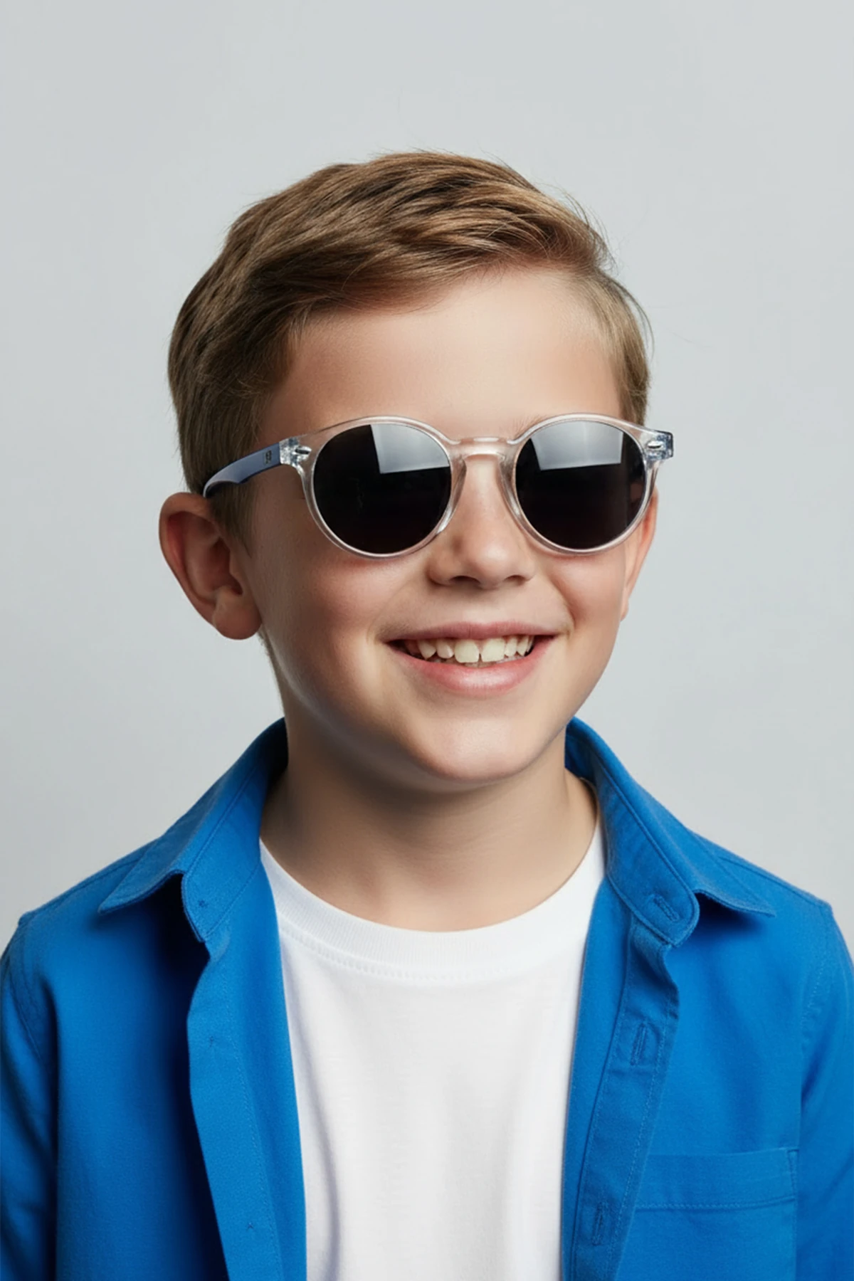 1058 ( 5-12 Yaş ) | Yuvarlak Kemik Çocuk Polarize Güneş Gözlüğü - Şeffaf/Mavi