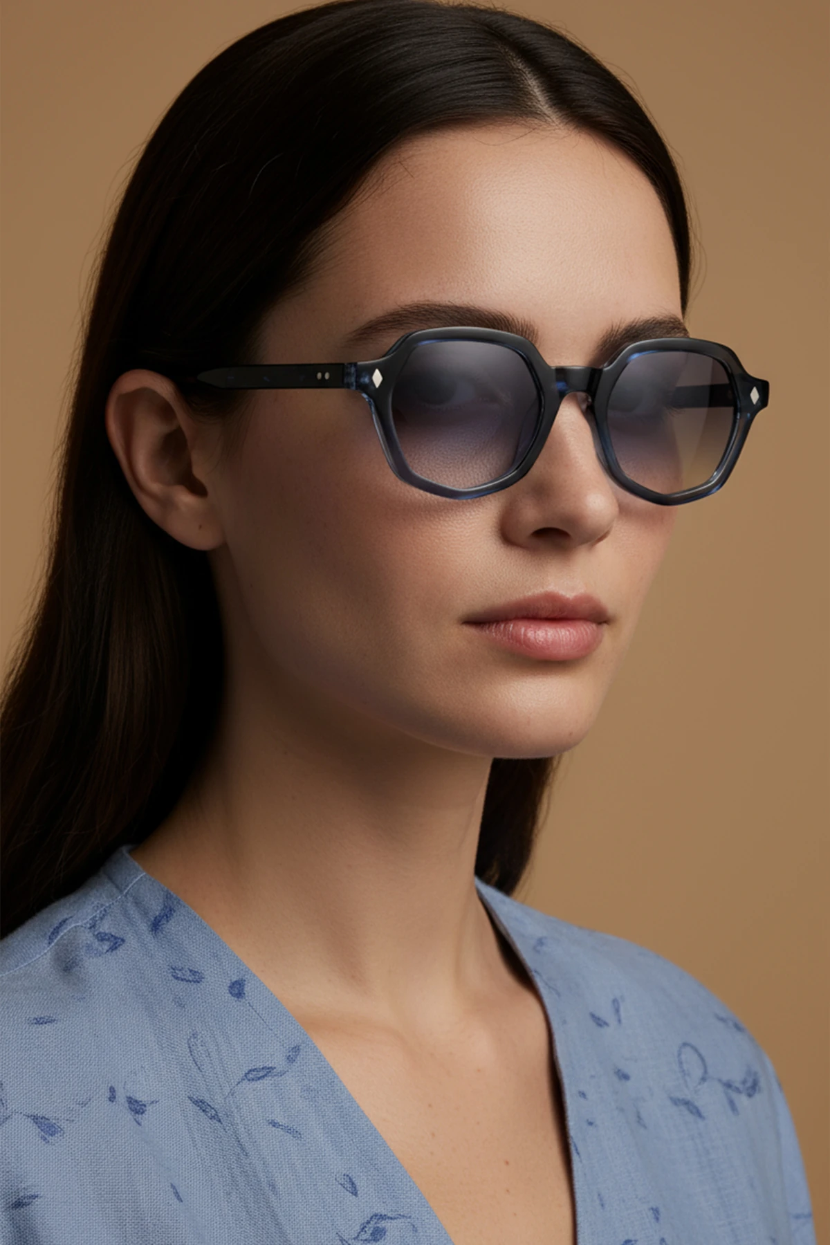 MİHENK-91033 | Altıgen Kemik Asetat UV400 Unisex Güneş Gözlüğü - Lacivert Degrade