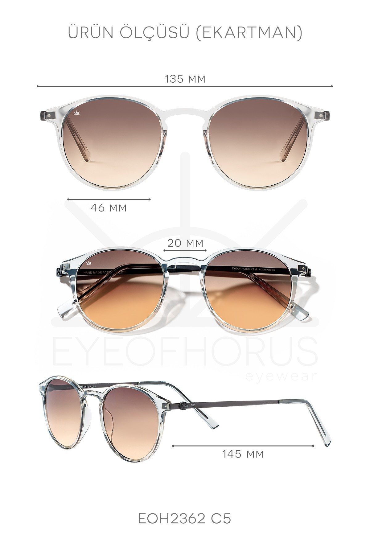 SİTRİN-2362 | Yuvarlak Kemik Asetat UV400 Unisex Güneş Gözlüğü - Şeffaf