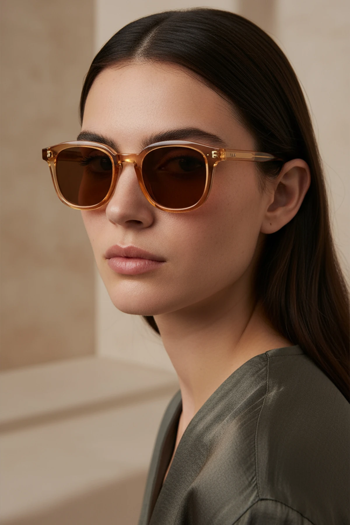 AVENTURİN-3000 | Kare Asetat UV400 Unisex Güneş Gözlüğü - Şeffaf Kahverengi