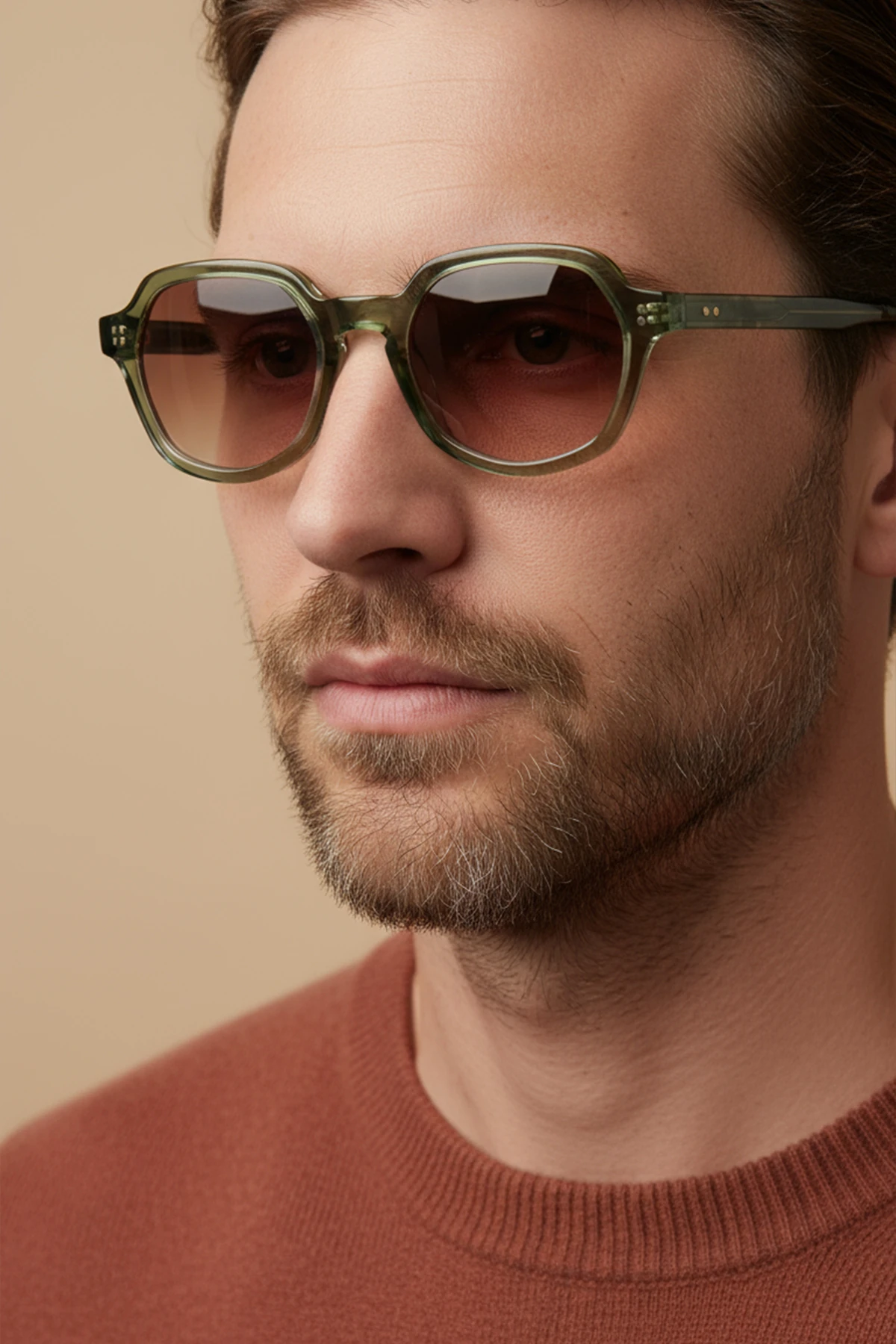 MİHENK-91033 | Altıgen Kemik Asetat UV400 Unisex Güneş Gözlüğü - Haki