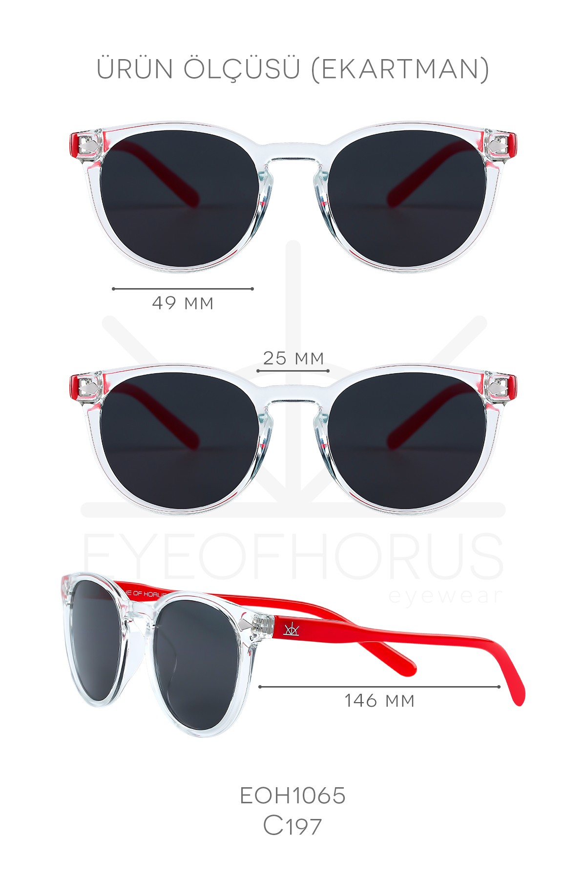1065 | Oval Kemik Polarize Unisex Güneş Gözlüğü - Şeffaf/Kırmızı
