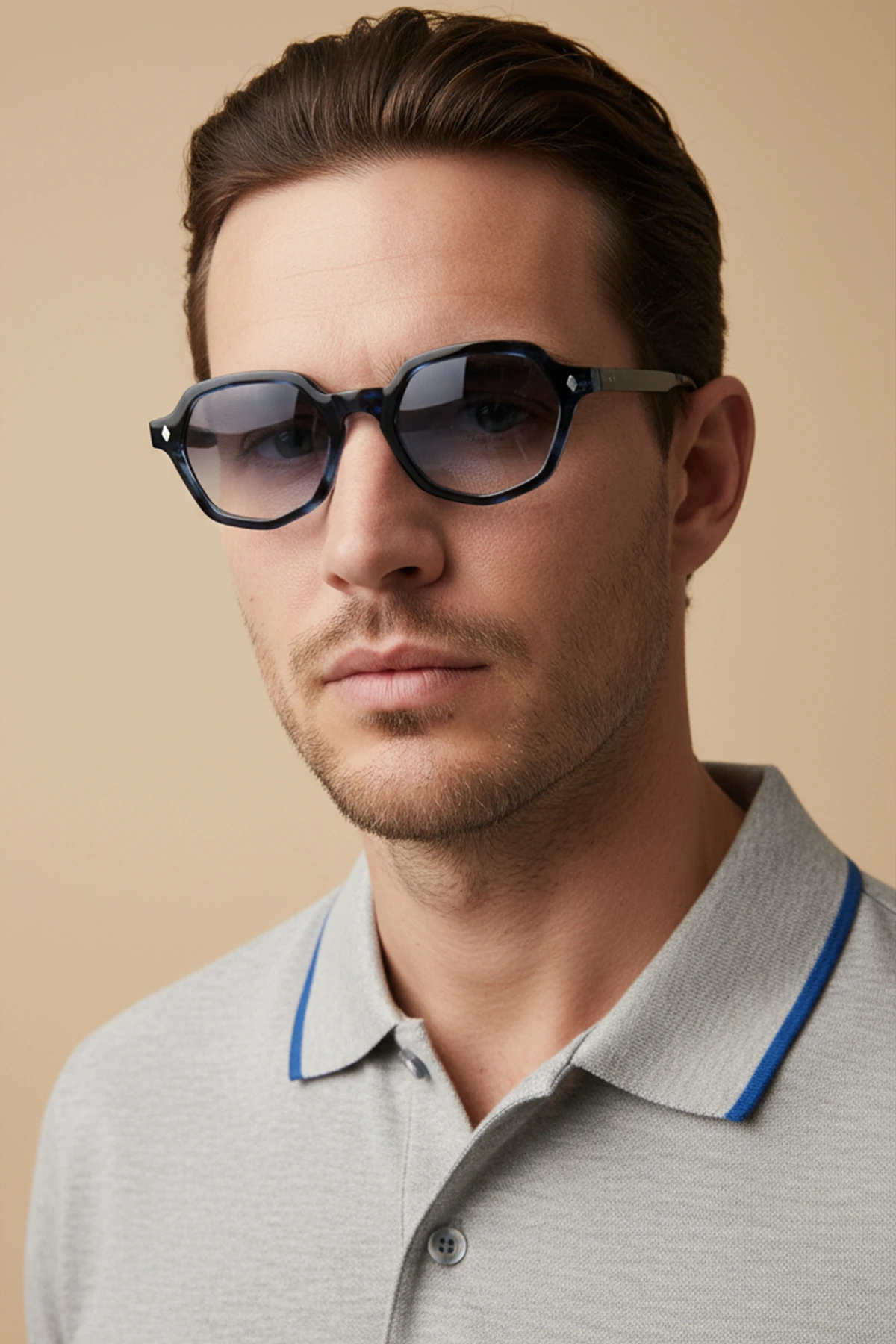 MİHENK-91033 | Altıgen Kemik Asetat UV400 Unisex Güneş Gözlüğü - Lacivert Degrade