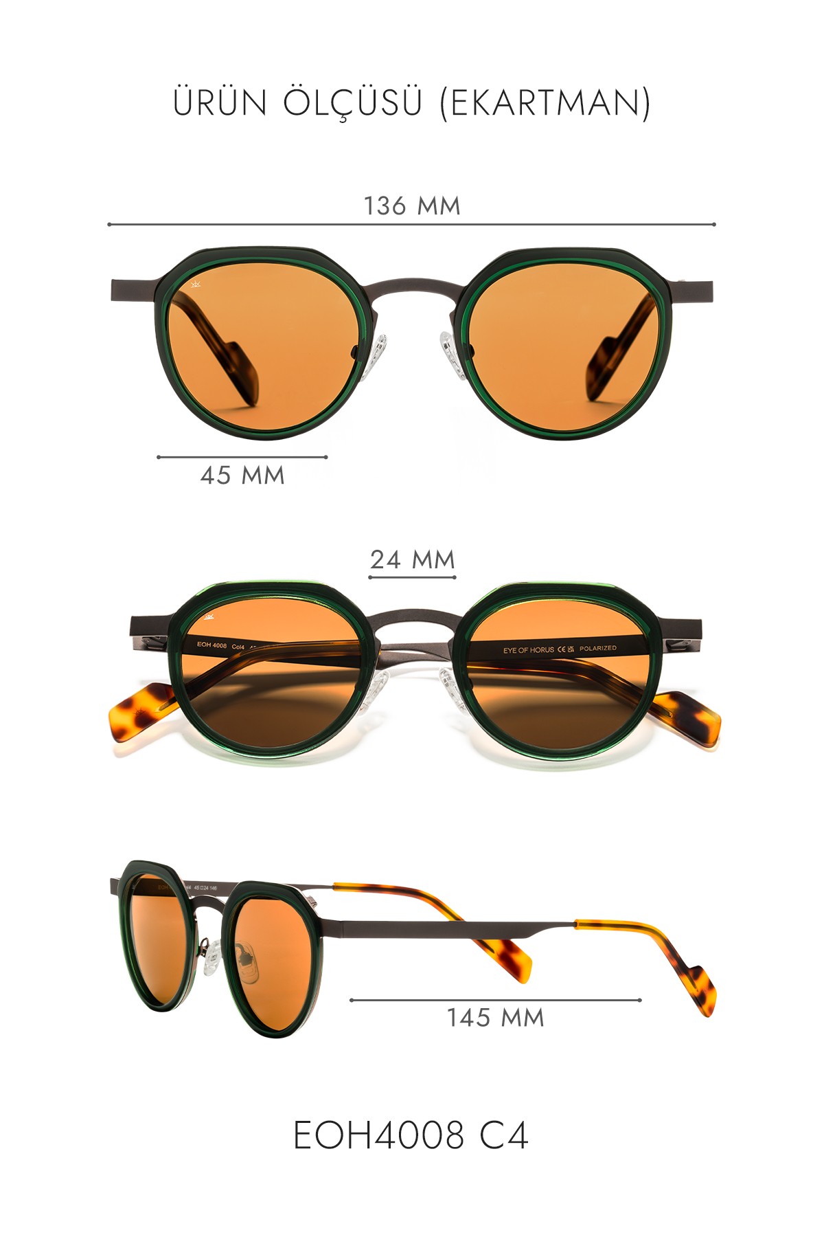 4008 | Yuvarlak Metal Polarize Unisex Güneş Gözlüğü - Yeşil/Kahverengi
