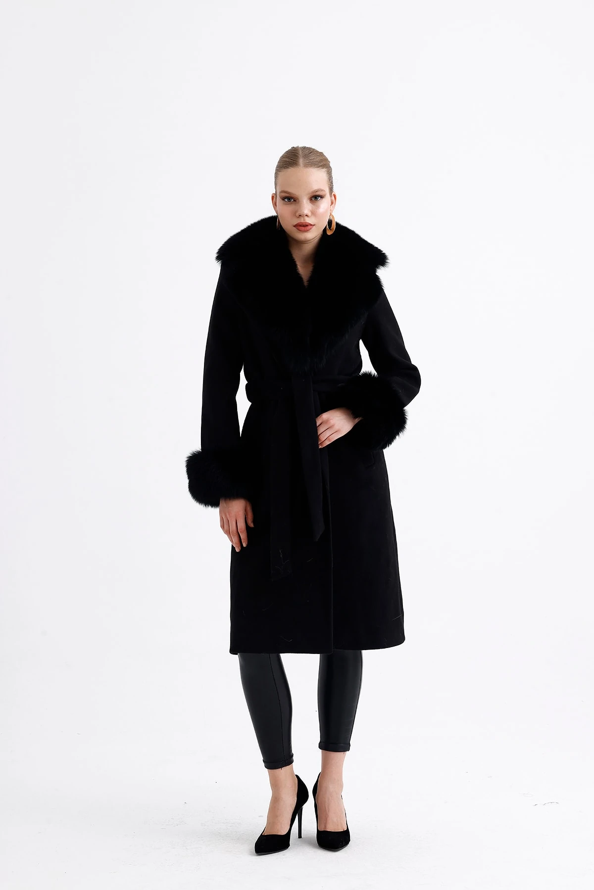 Kürk Detaylı Midi Boy Kaşmir Kaban - Siyah