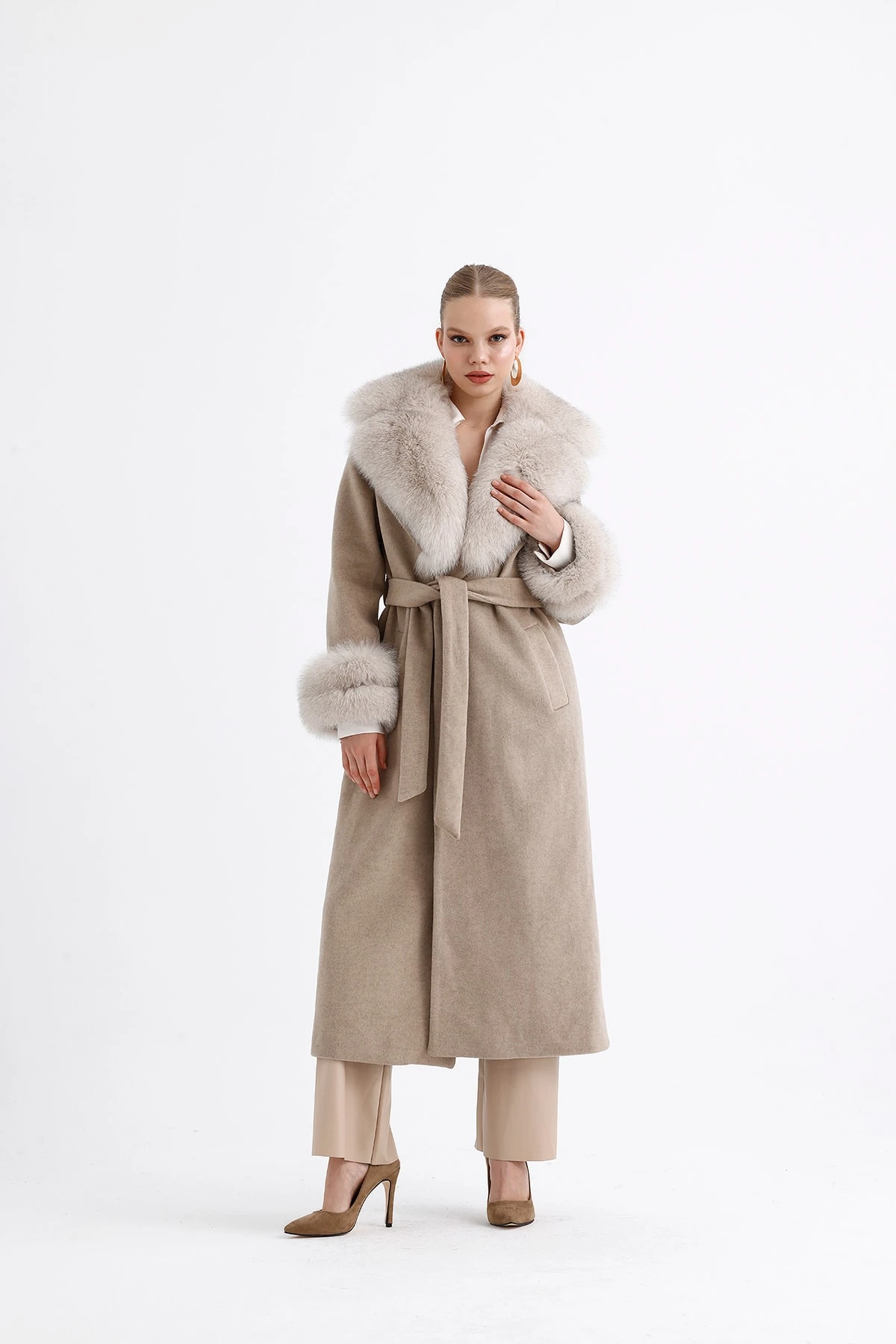 Kürk Detaylı Max Boy Kaşmir Kaban - Vizon