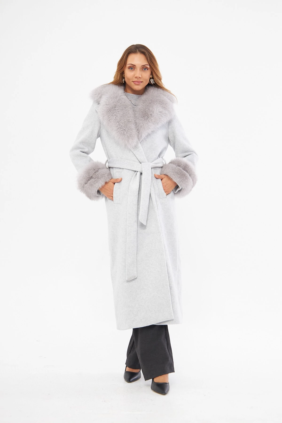 Kürk Detaylı Max Boy Kaşmir Kaban - Gri
