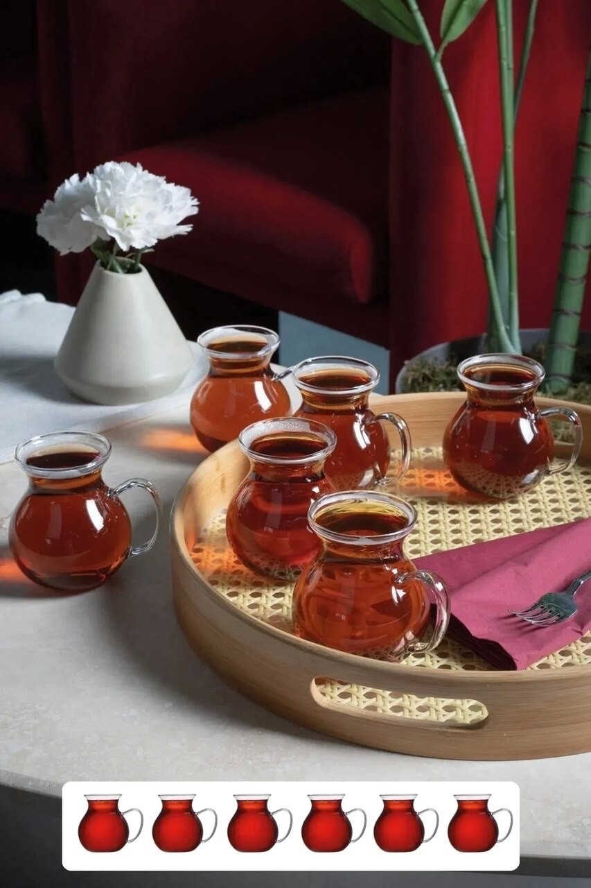 Keyfi Ala Borosilikat Cam Bardak Takımı Isıya Dayanıklı Kulplu Çay Fincanı Bardağı Seti 6'lı