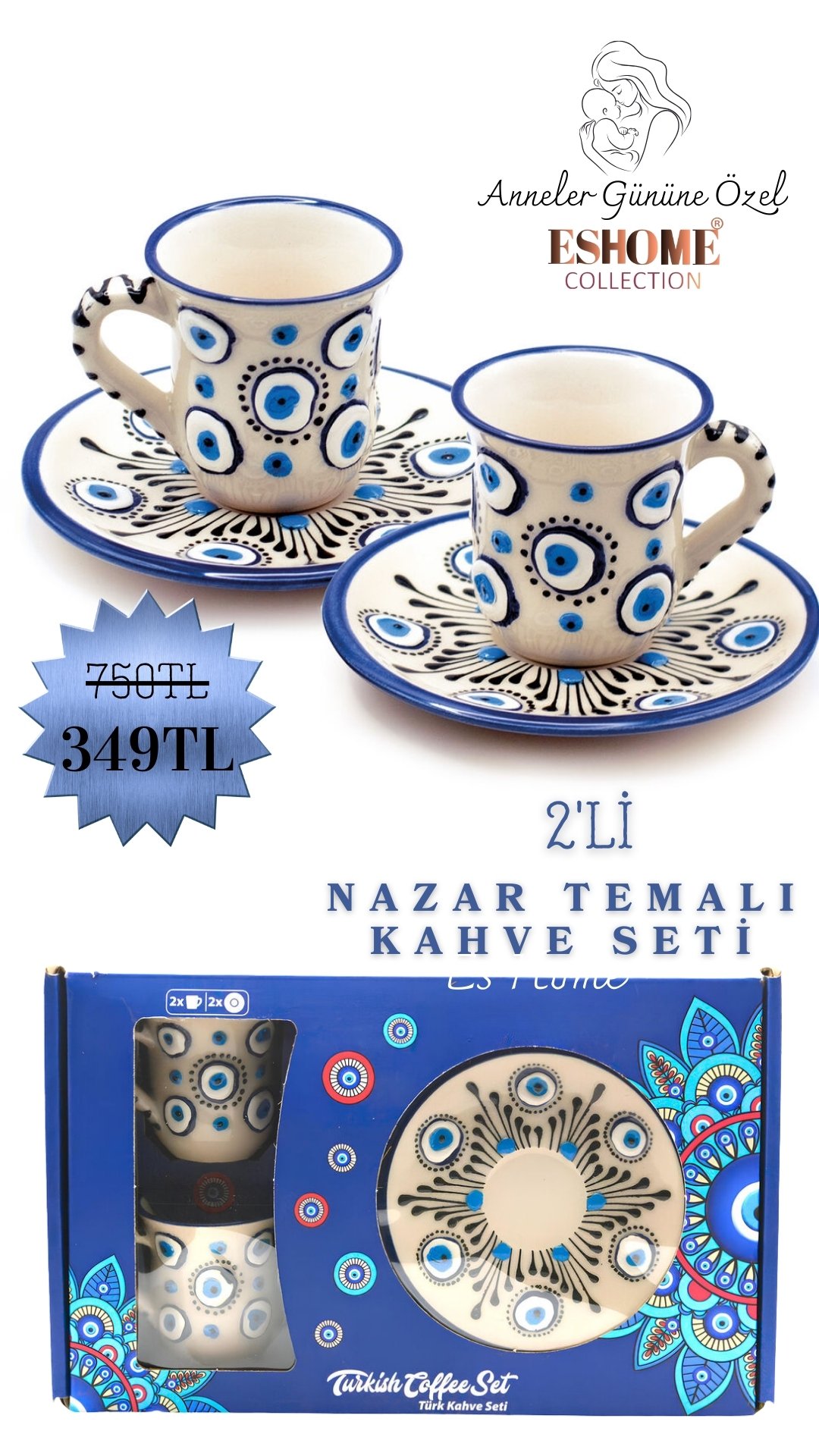 Nazar Temalı 2'li  Kahve Seti