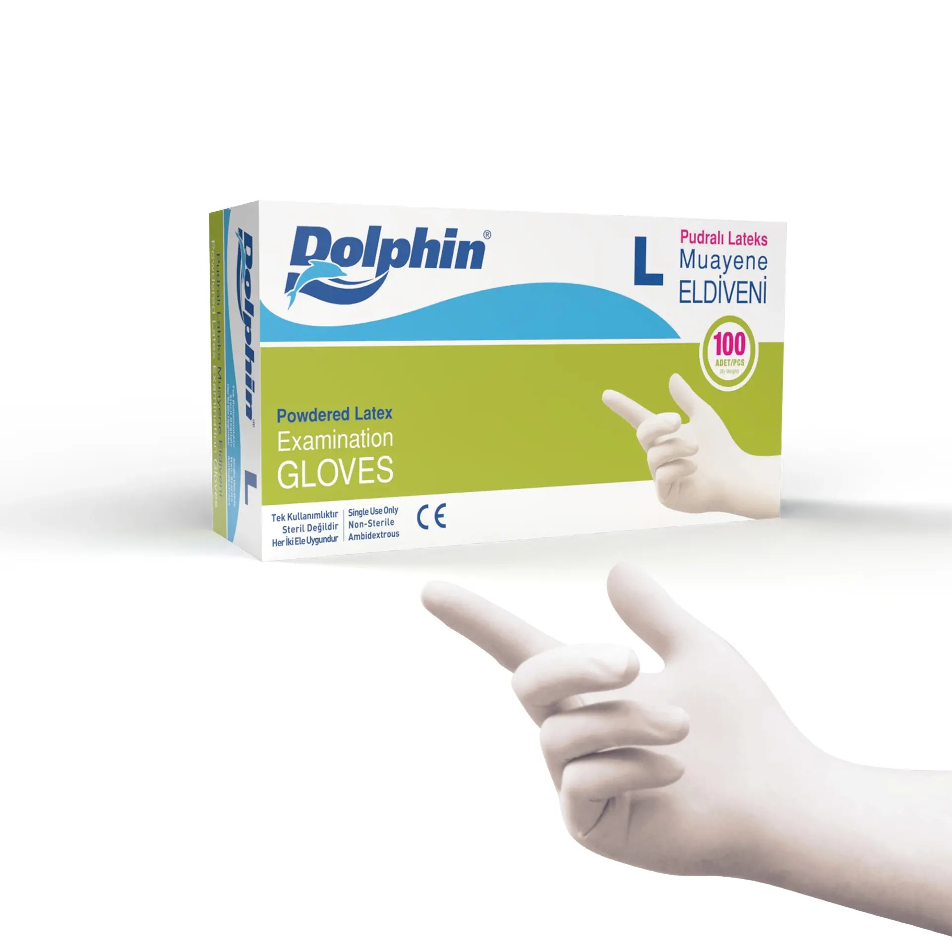 Dolphin Pudralı Lateks Muayene Eldiveni L 100'lü Kutu 