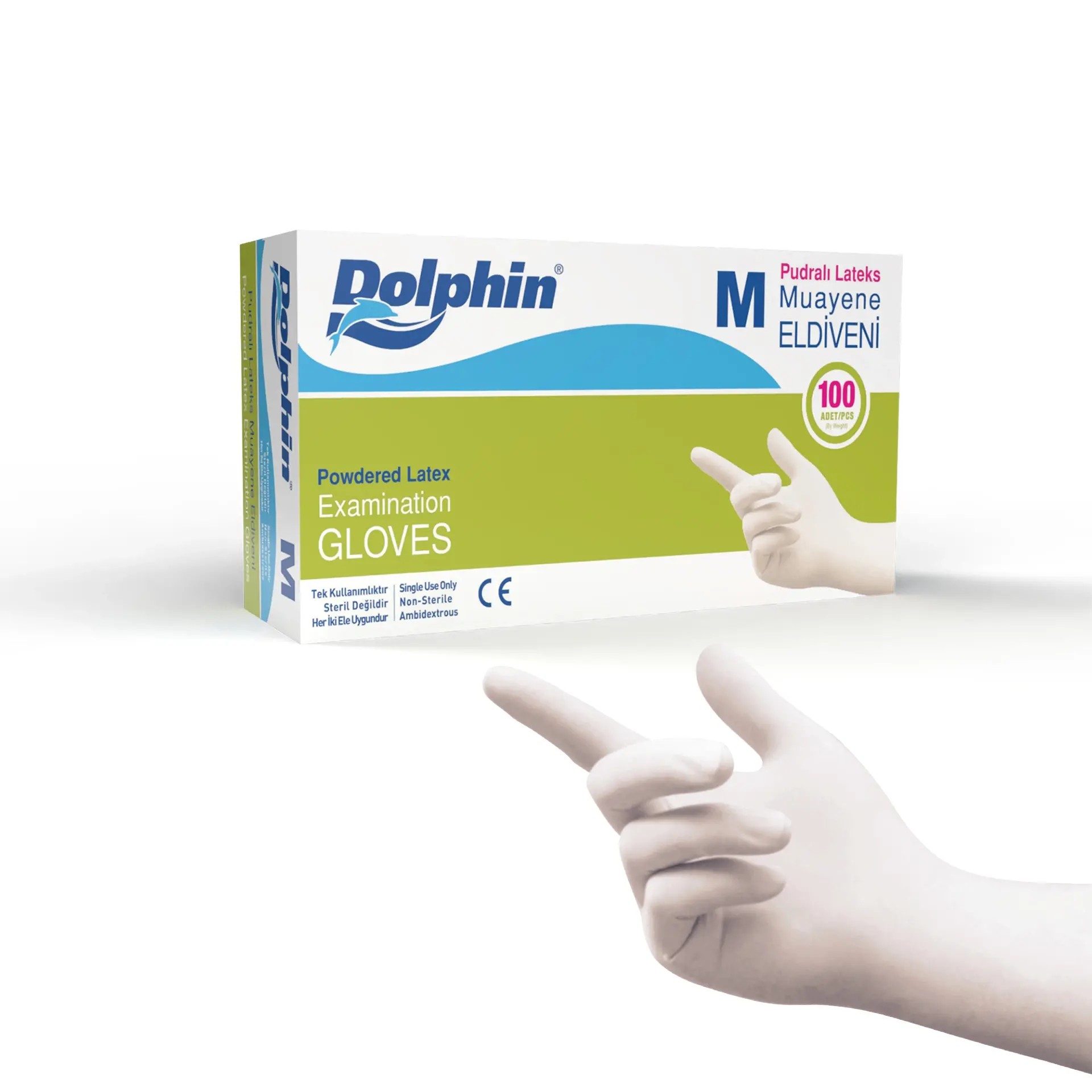 Dolphin Pudralı Lateks Muayene Eldiveni M 100'lü Kutu 