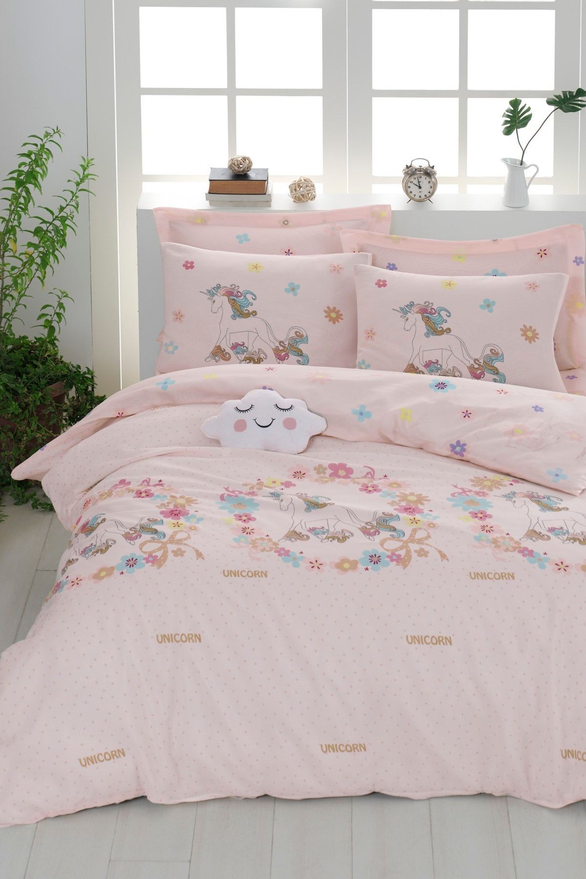 Kolay Ütülenir Nevresim Takımı Çift Kişilik Unicornlar Pembe