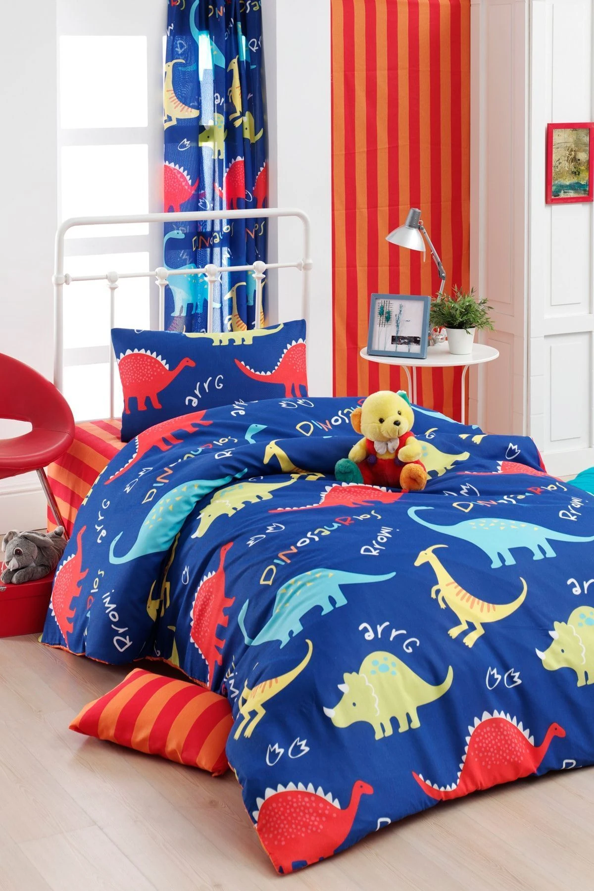 Kolay Ütülenir Nevresim Takımı Tek Kişilik Dinazorus Mavi