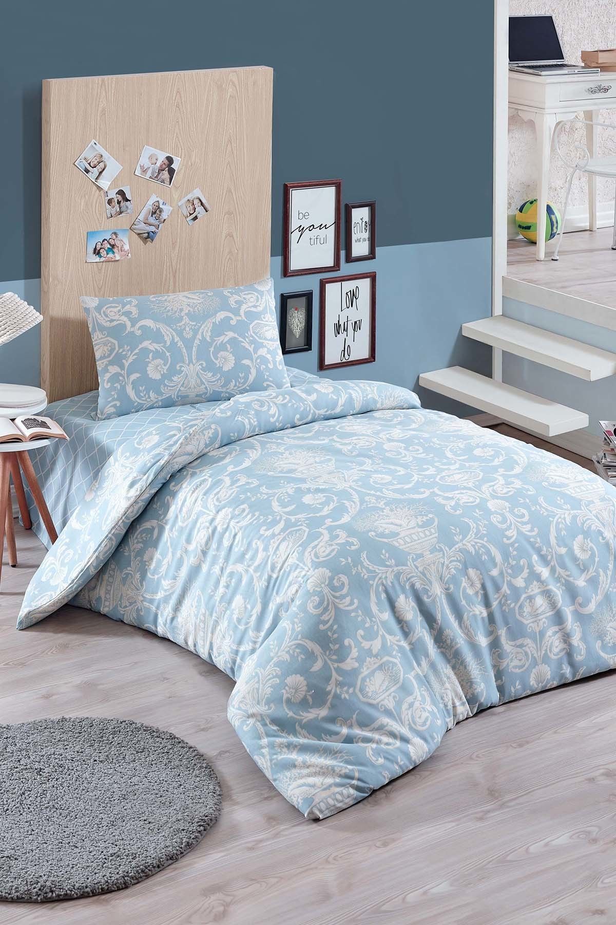 Kolay Ütülenir Nevresim Takımı Tek Kişilik Tuval Mavi