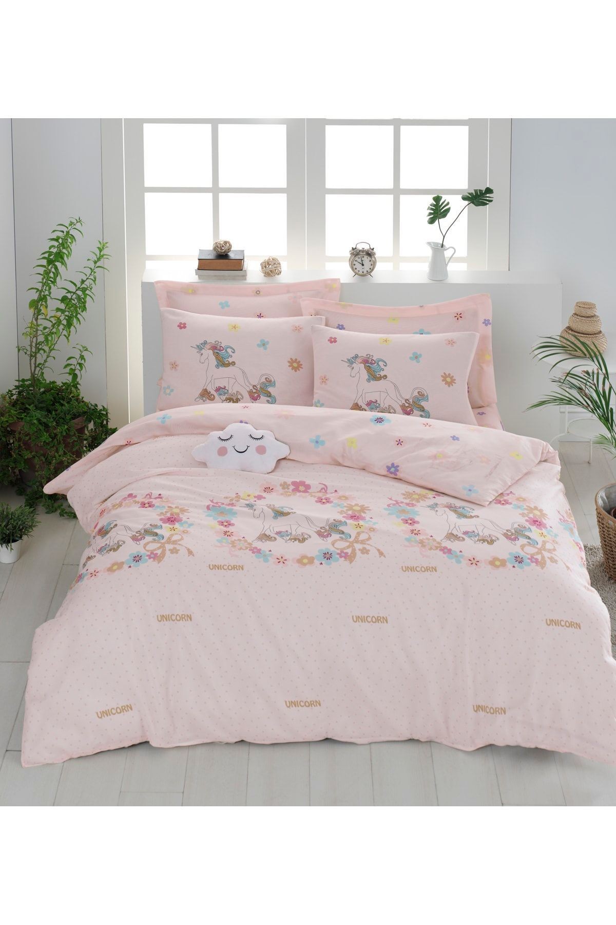 Kolay Ütülenir Nevresim Takımı Çift Kişilik Unicornlar Pembe