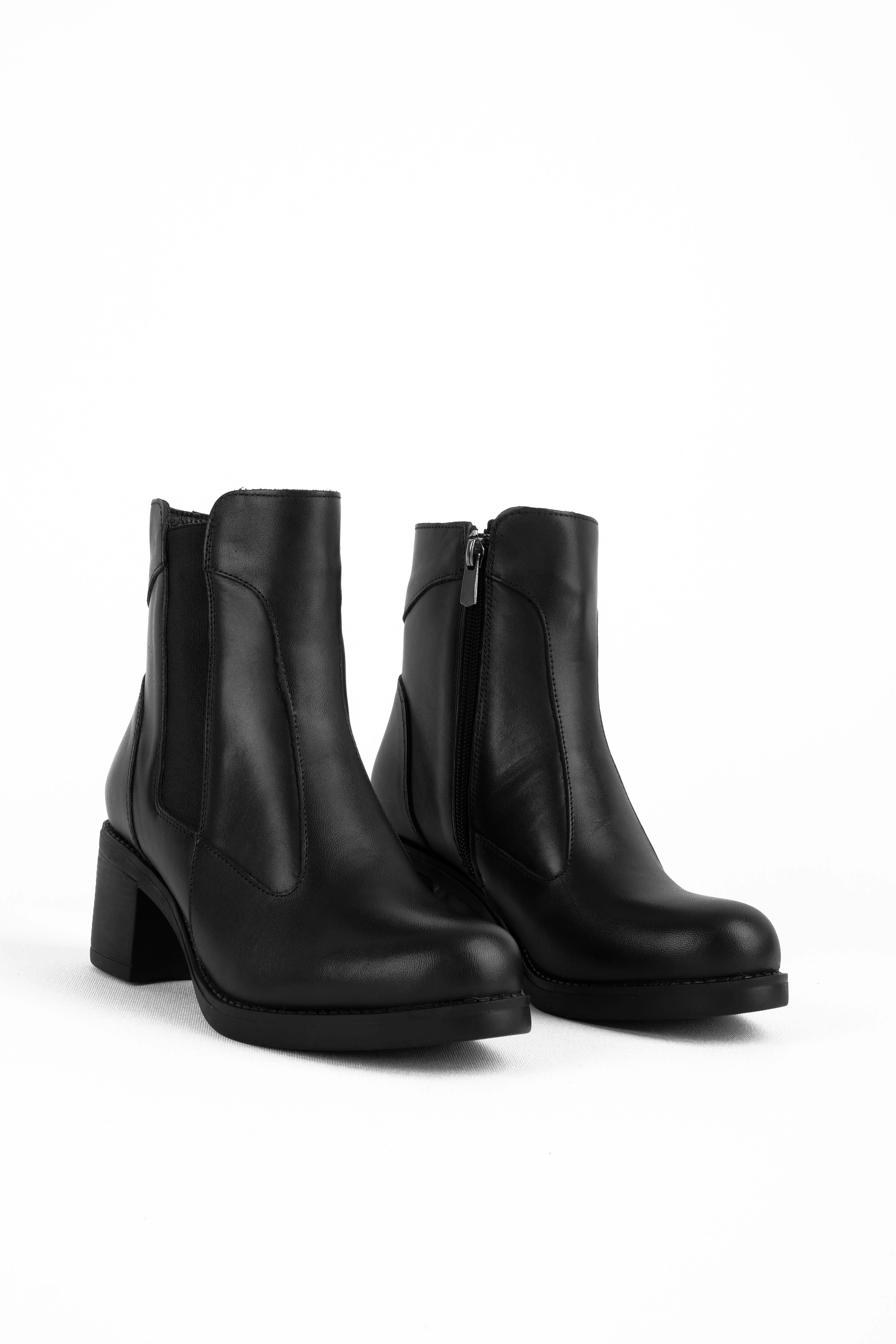 Same Kadın Hakiki Deri Dikişli Lastik Detaylı Topuklu Bot b4248 - SİYAH