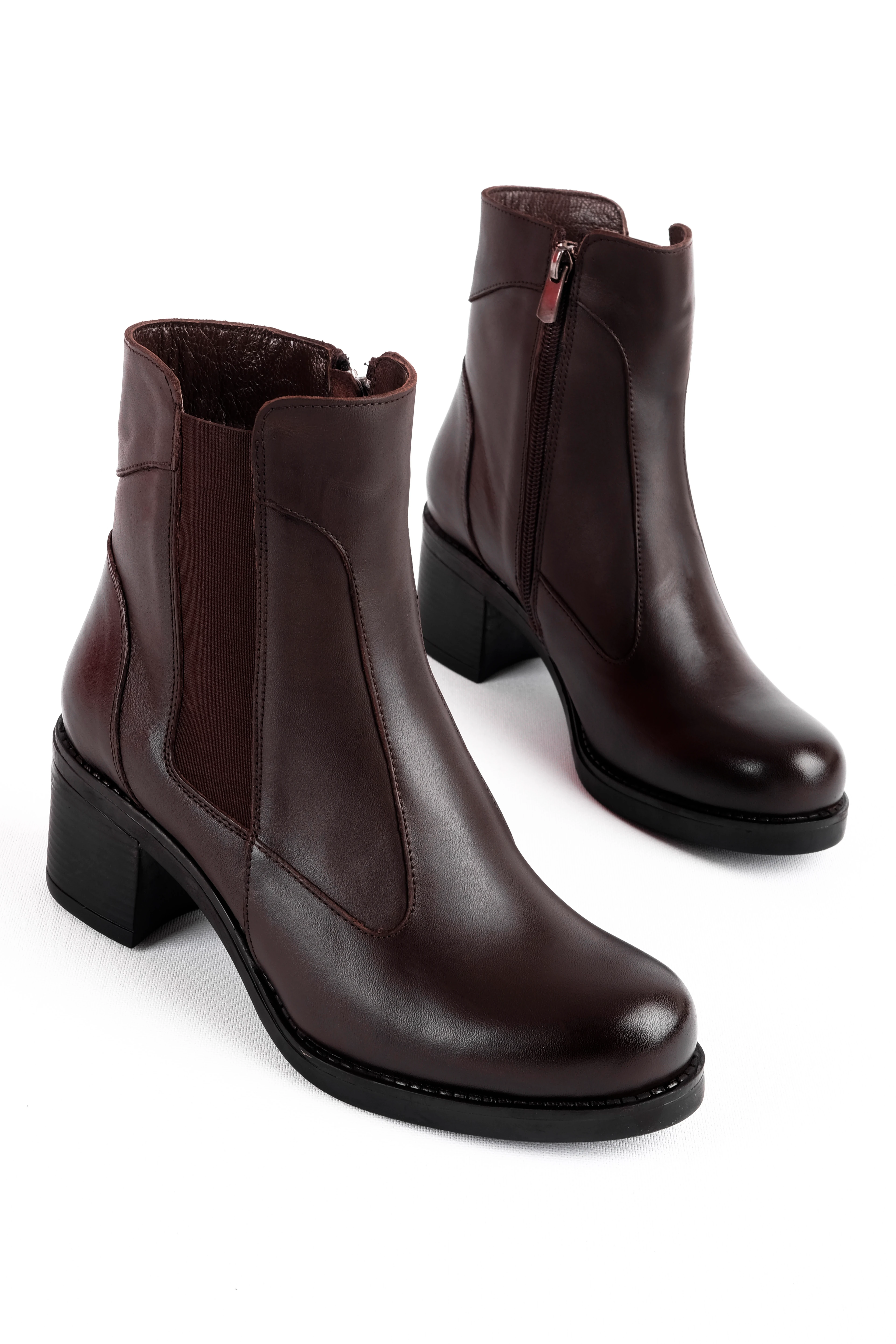 Same Kadın Hakiki Deri Dikişli Lastik Detaylı Topuklu Bot b4248 - KAHVERENGİ