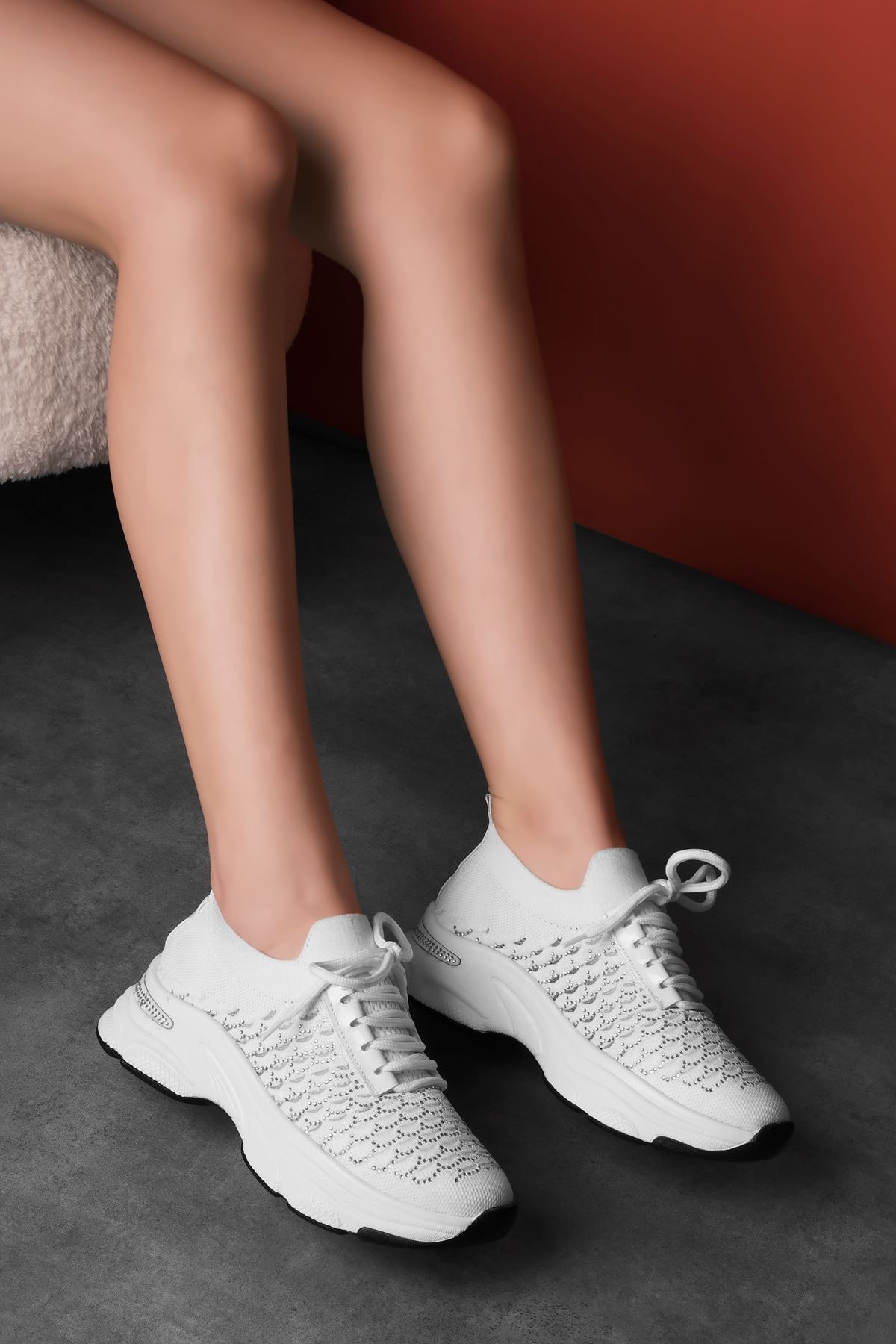 Nylon Kadın Bağcıklı Taş Detaylı Triko Spor Ayakkbı