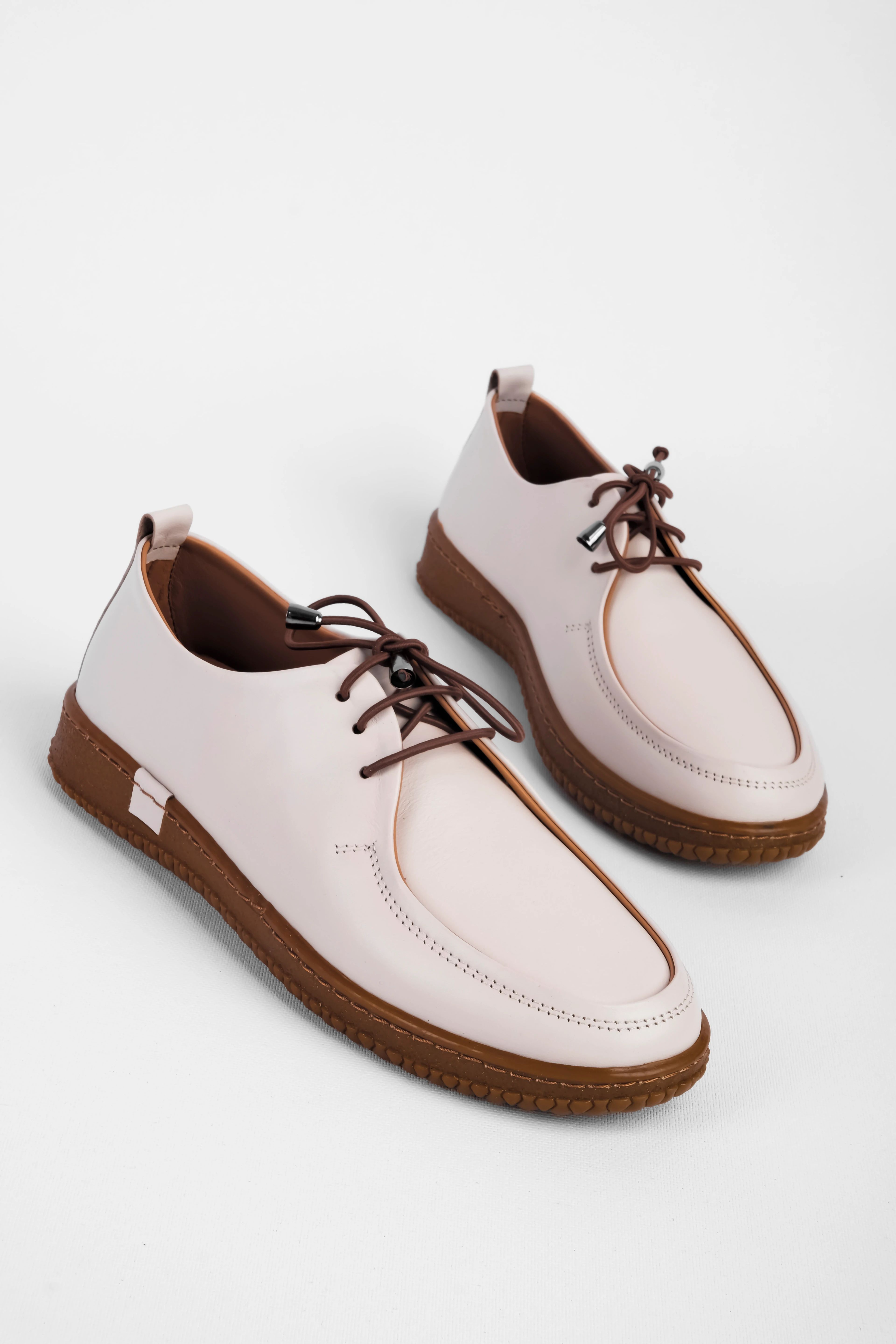 Affect Kadın Hakiki Deri Lastik Bağcıklı Dikiş Detaylı Loafer Ayakkabu 4270 - Krem