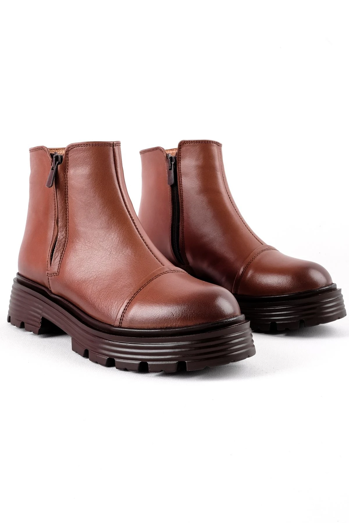 Twelve KAdın Hakiki Deri Dikiş Detaylı Çift Fermuarlı Bot