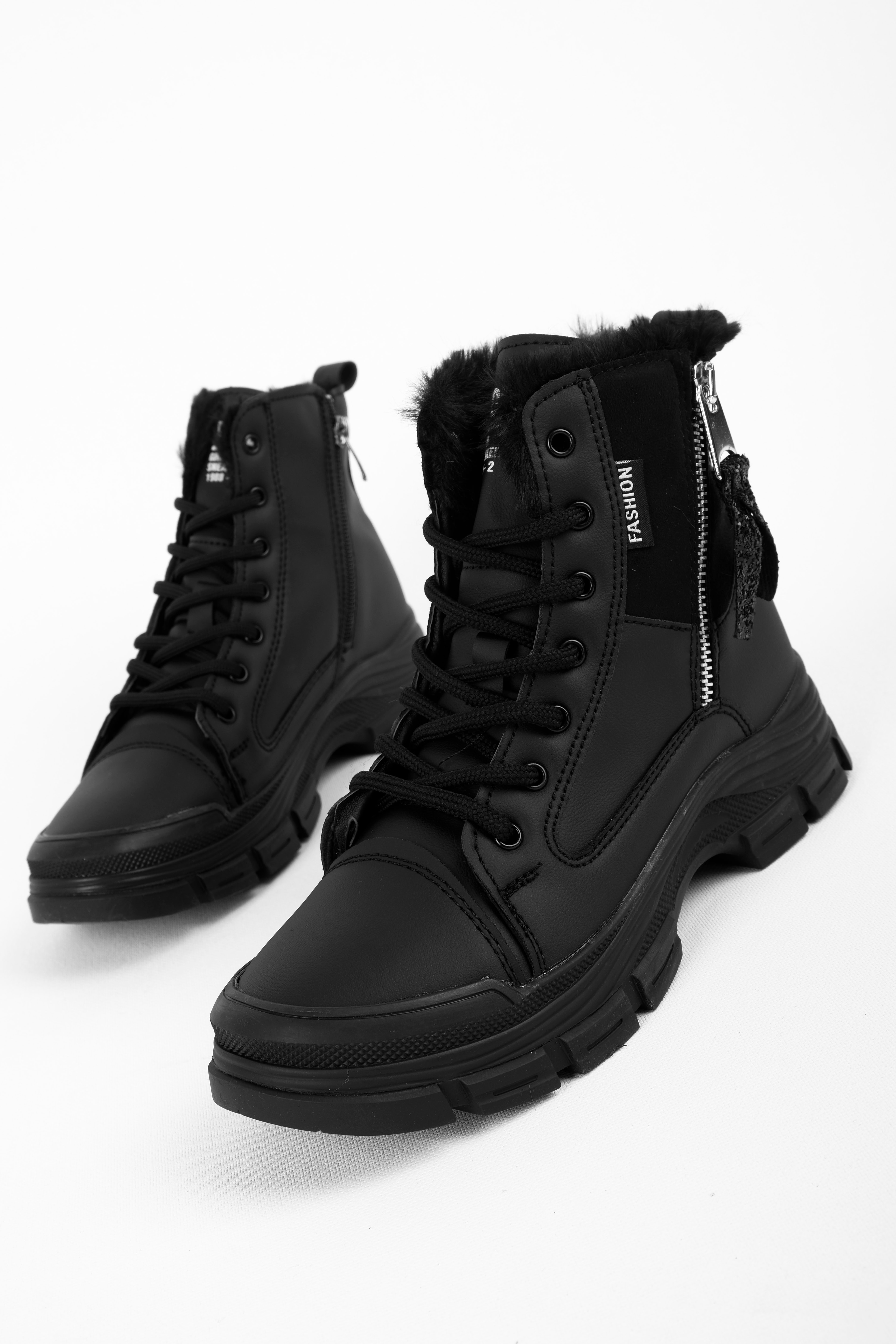 Merta Kadın İçi Tüylü Fermuarlı Bağcıklı Bot b4220 - SİYAH