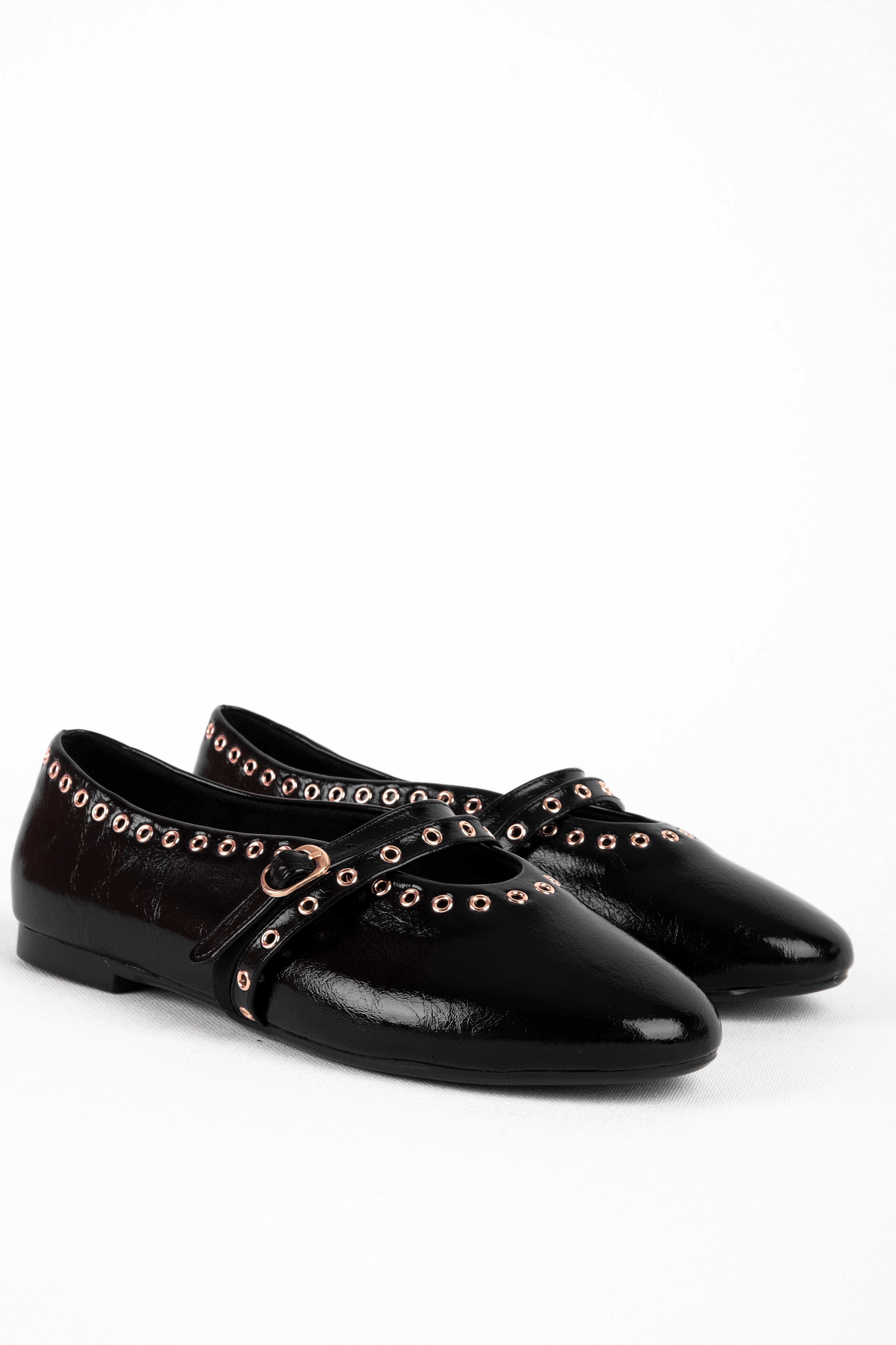 Than Kadın Gold Zımba Detaylı Çift Bantlı Babet Ayakkabı b4254 - SİYAH