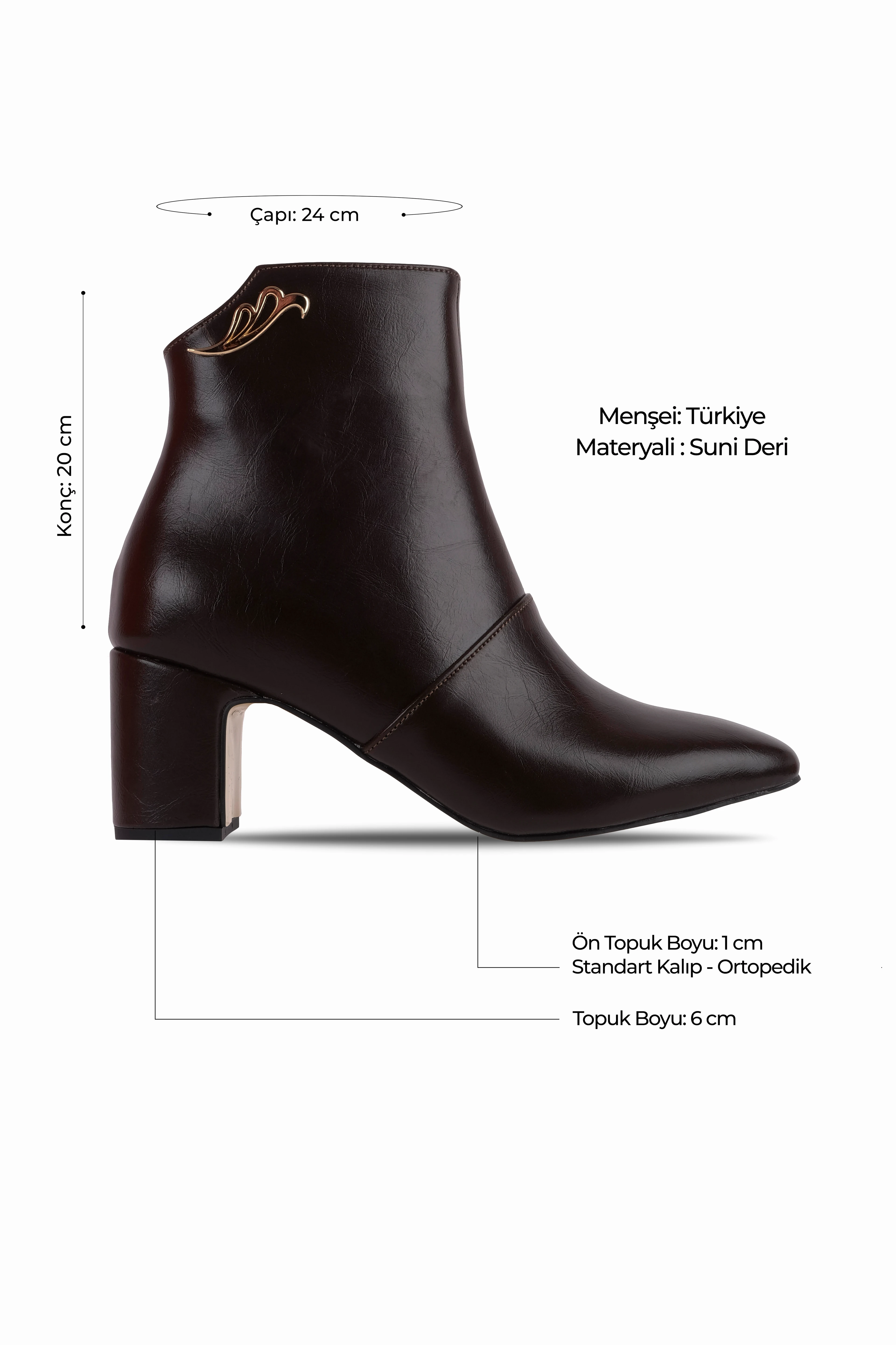 Majority Kadın Küt Burunlu Gold Toka Detaylı Topuklu Bot 4253 - KAHVERENGİ