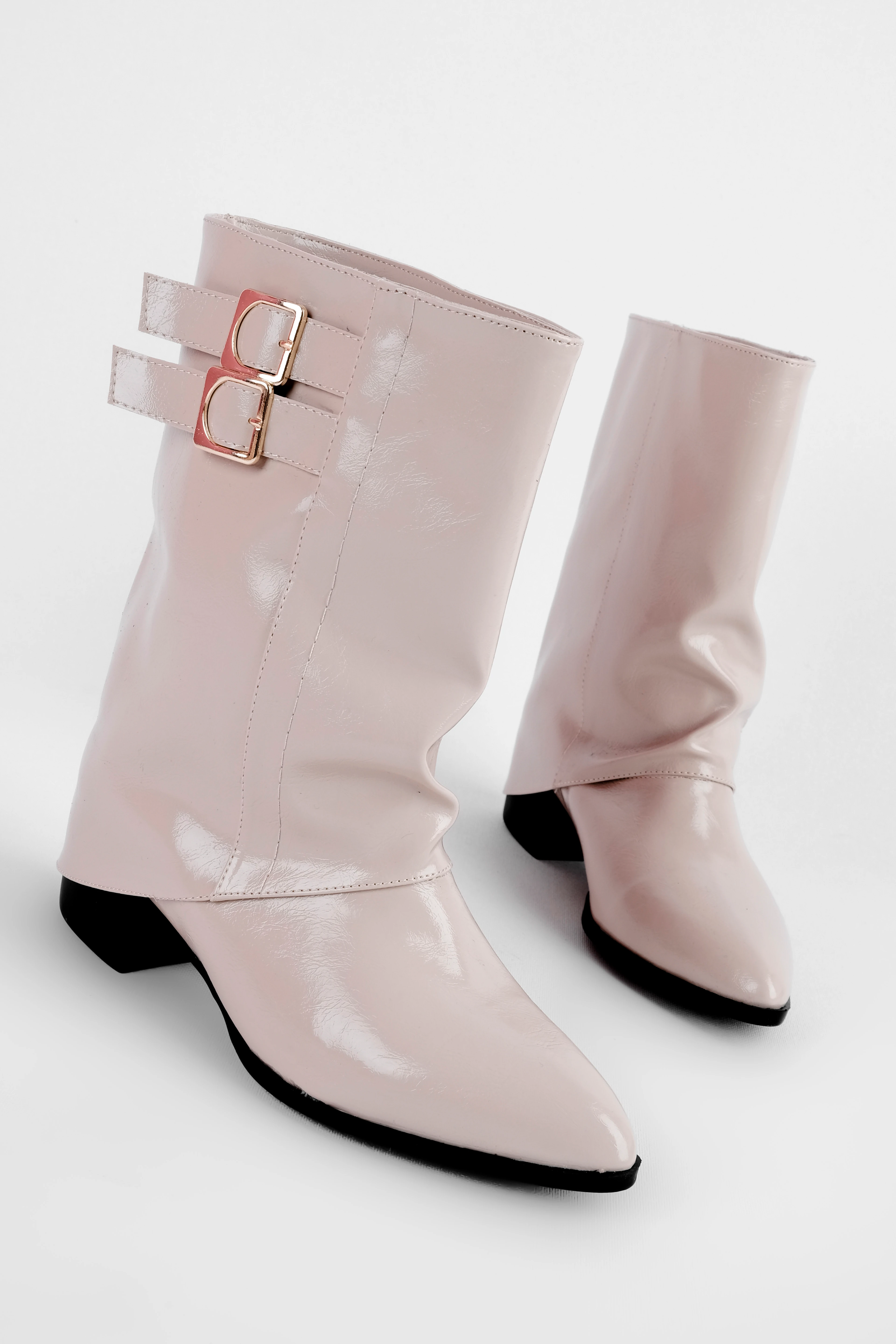 Oliver Kadın Çift Toka Detaylı Paçalı Sivri Burun Topuklu Bot (B4313) - rugan krem