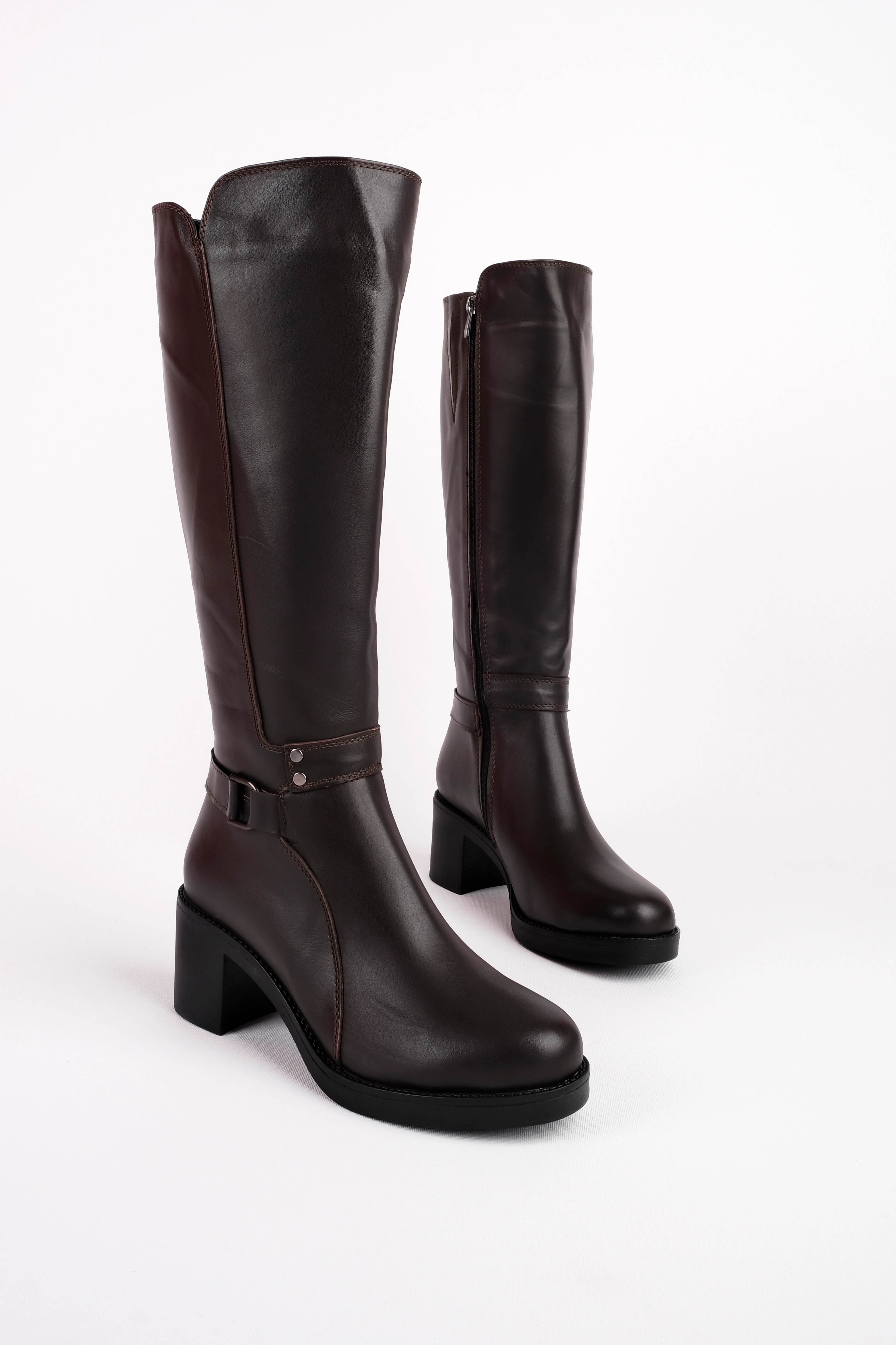 Overdo Kadın Hakiki Deri Kemer Toka Detaylı Fermuarlı Topuklu Çizme 4260 - KAHVERENGİ