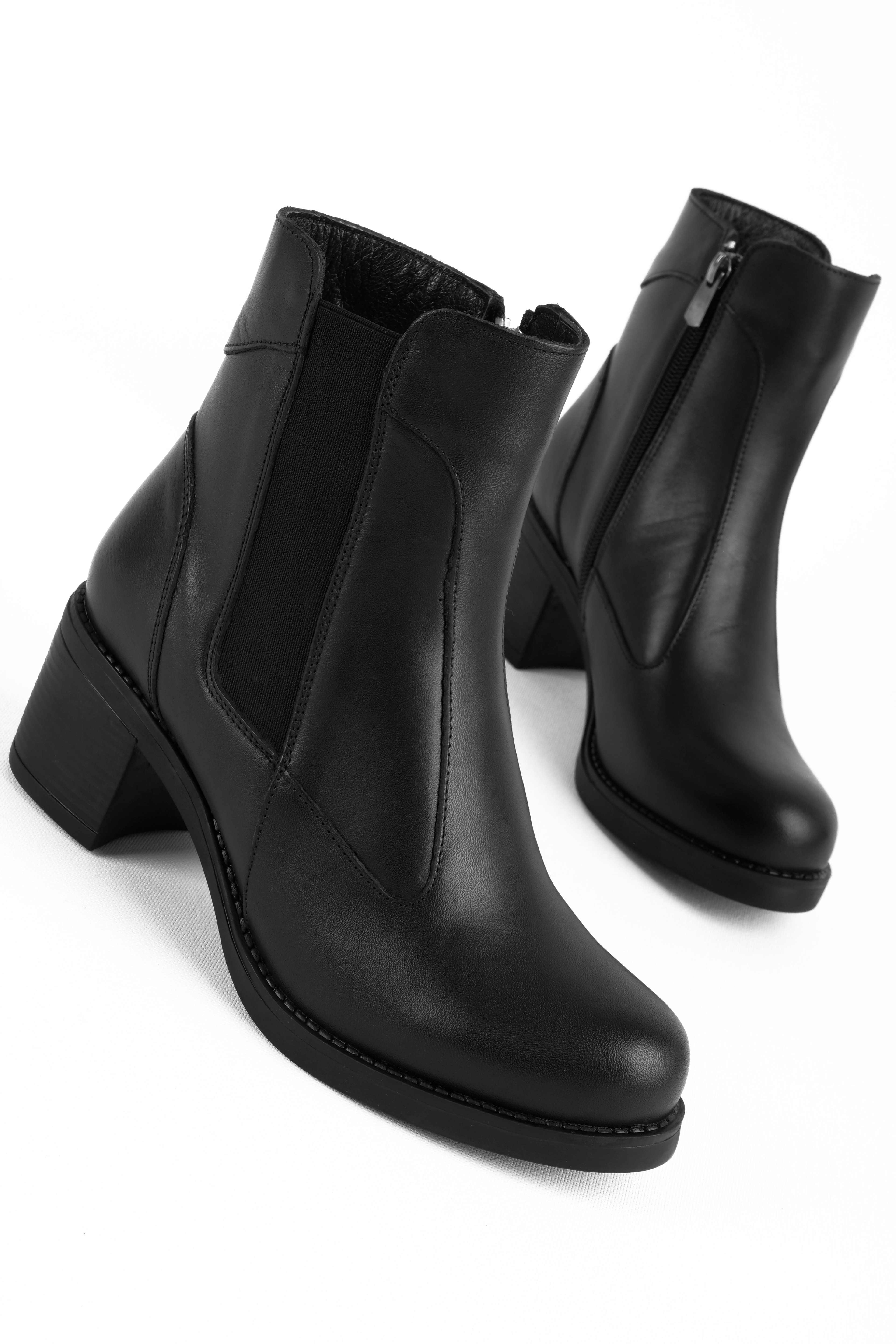Same Kadın Hakiki Deri Dikişli Lastik Detaylı Topuklu Bot b4248 - SİYAH